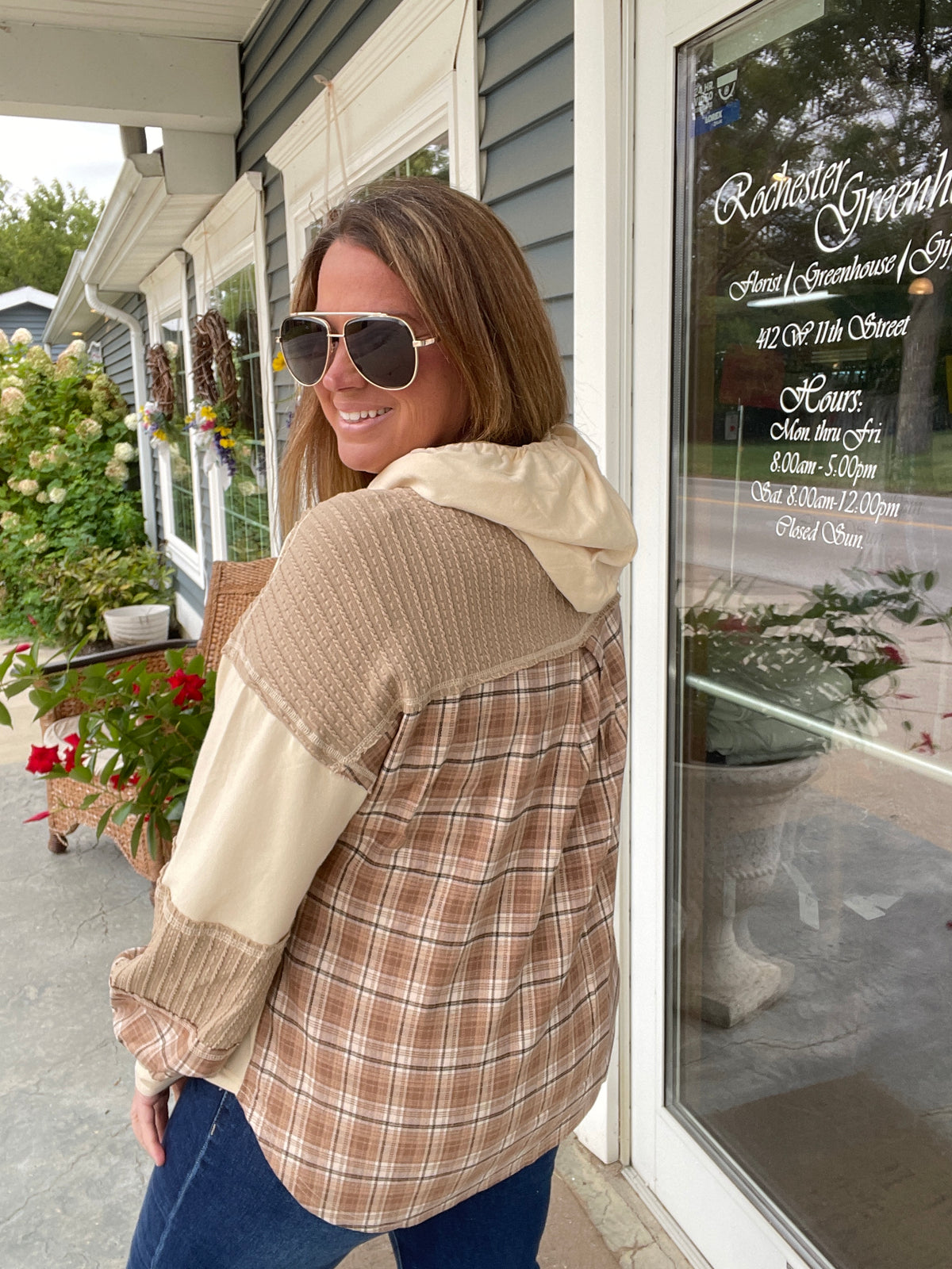 NATURAL PLAID CONTRAST LIGHT WEIGHT HOODIE