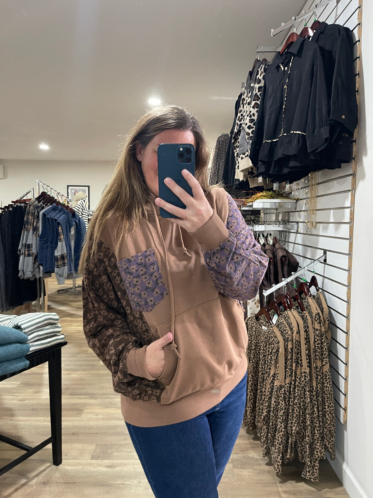 Mocha Floral Colorblock Oversized French Terry Hoodie