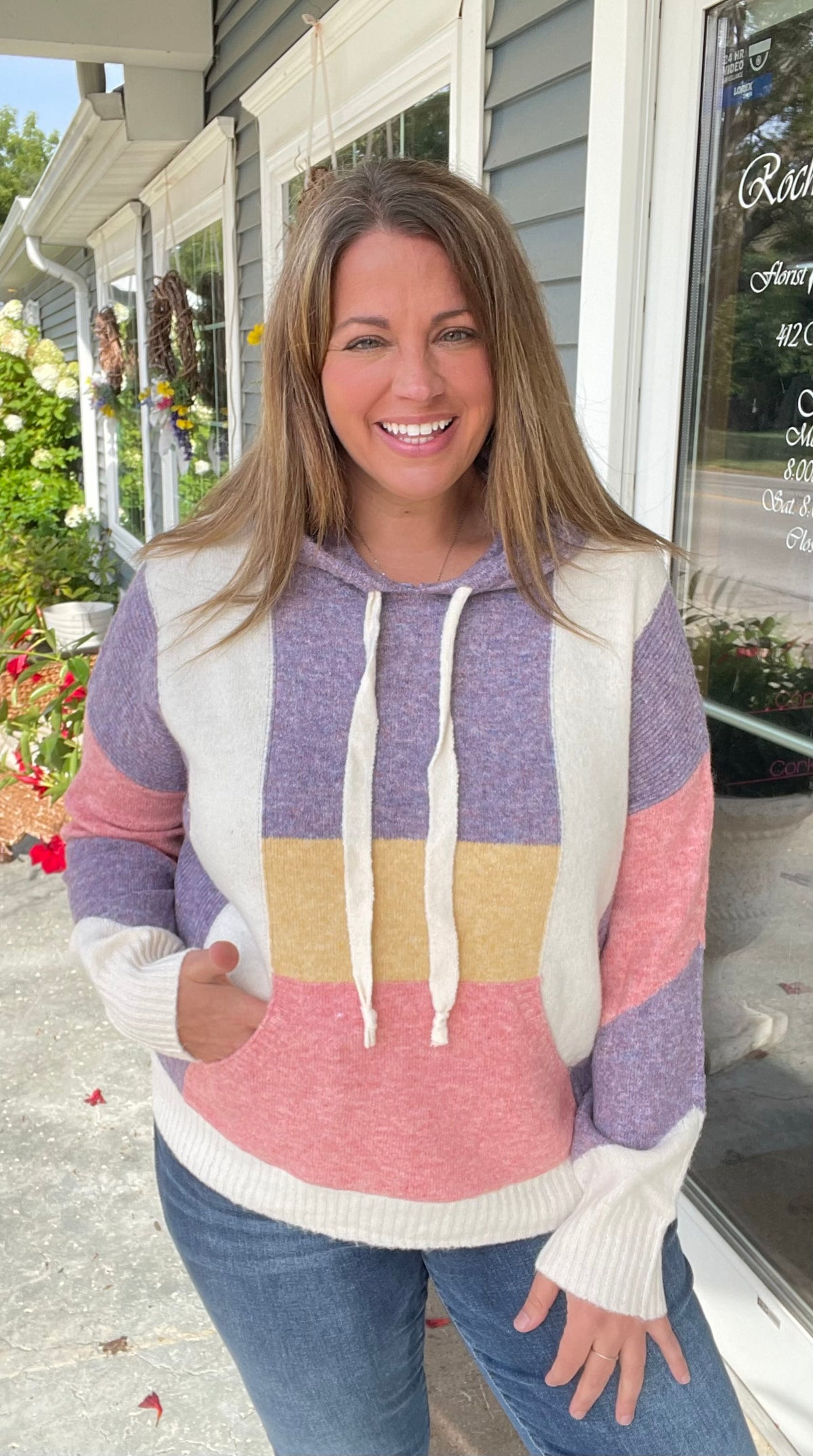 LAVENDER/PINK Multi Color Block, Hoodie, Kangaroo Pocket, Pullover Light Weight Sweater