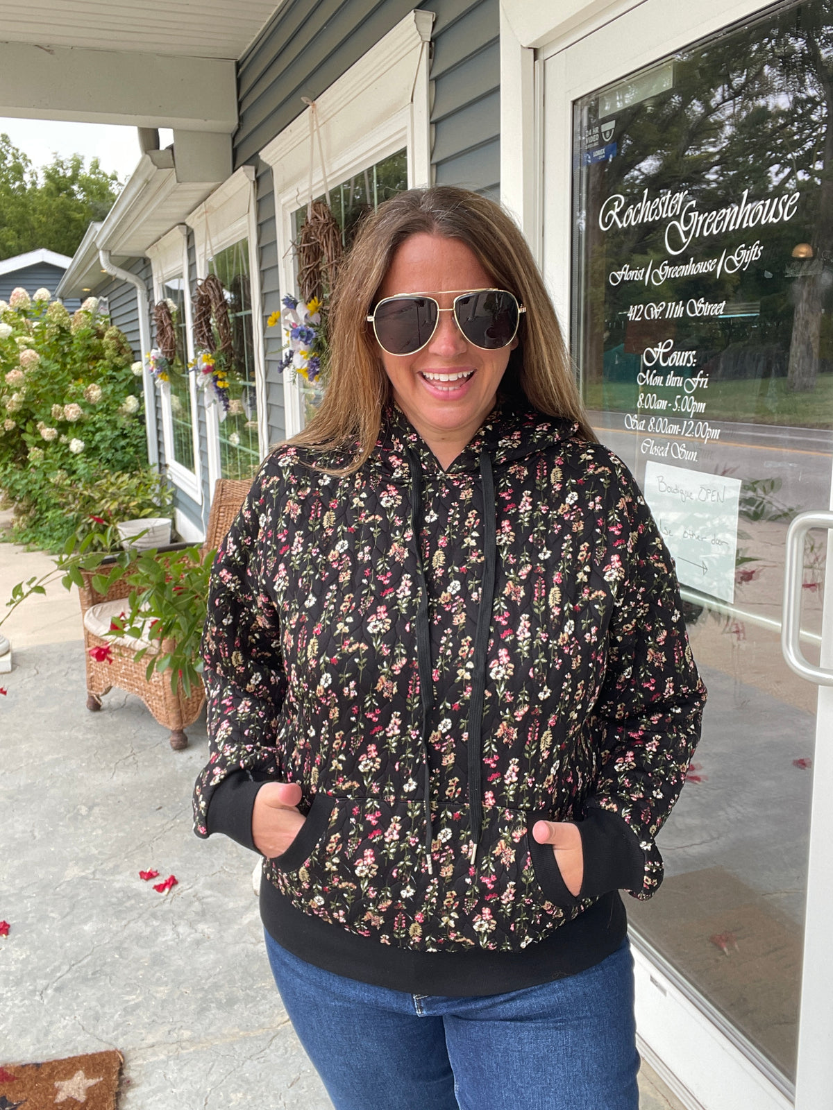 BLACK Printed Quilted Hoodie Pullover Top Kangaroo Pocket