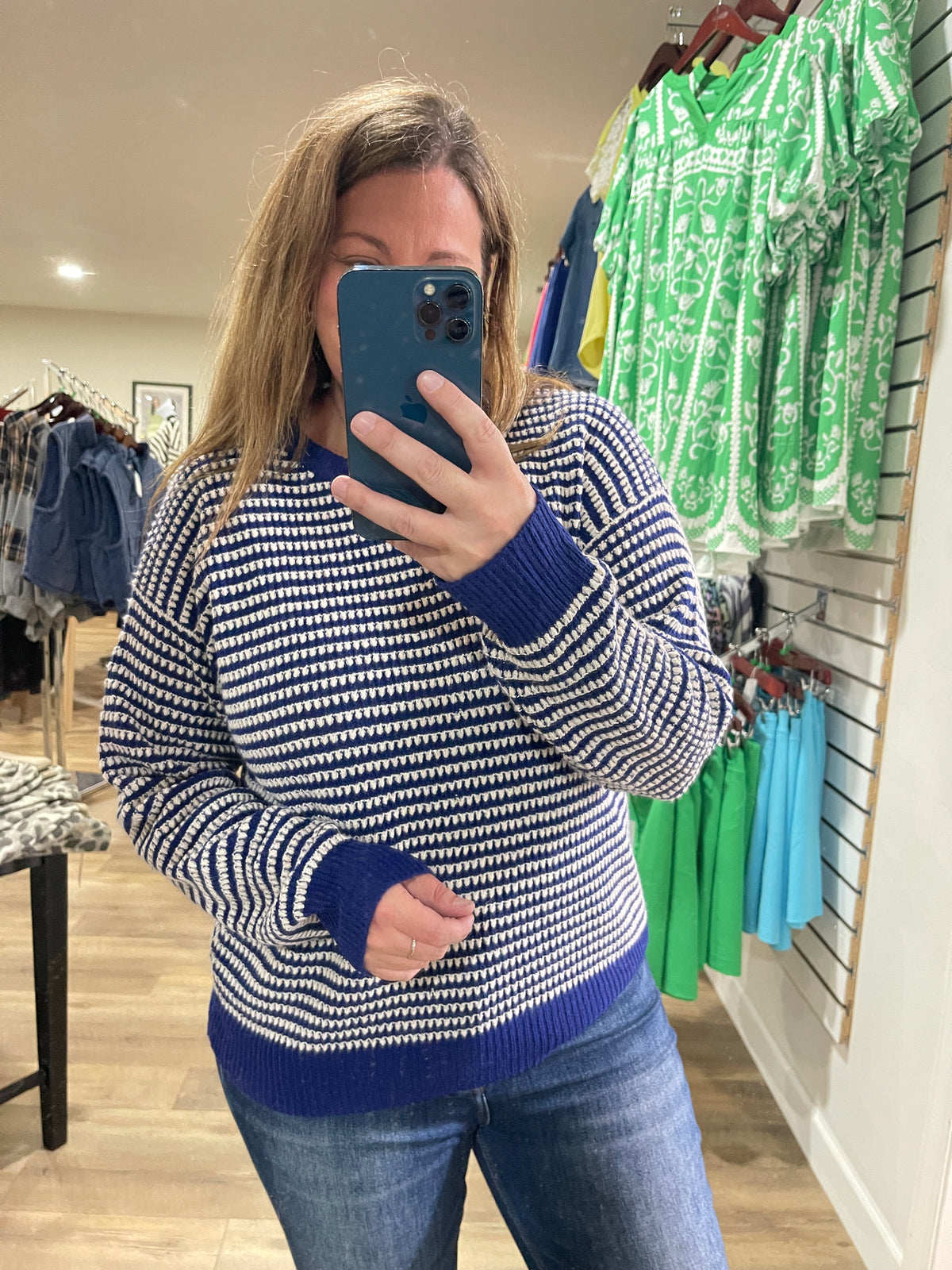 NAVY Color Trimmed Long Sleeve 2 Tone Waffle Striped Crew Neck Pullover Sweater