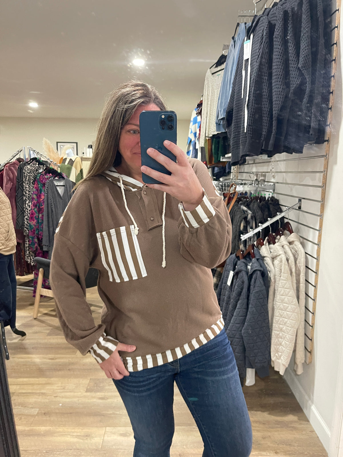 BROWN/STRIPED WAFFLE TEXTURE HOODIE