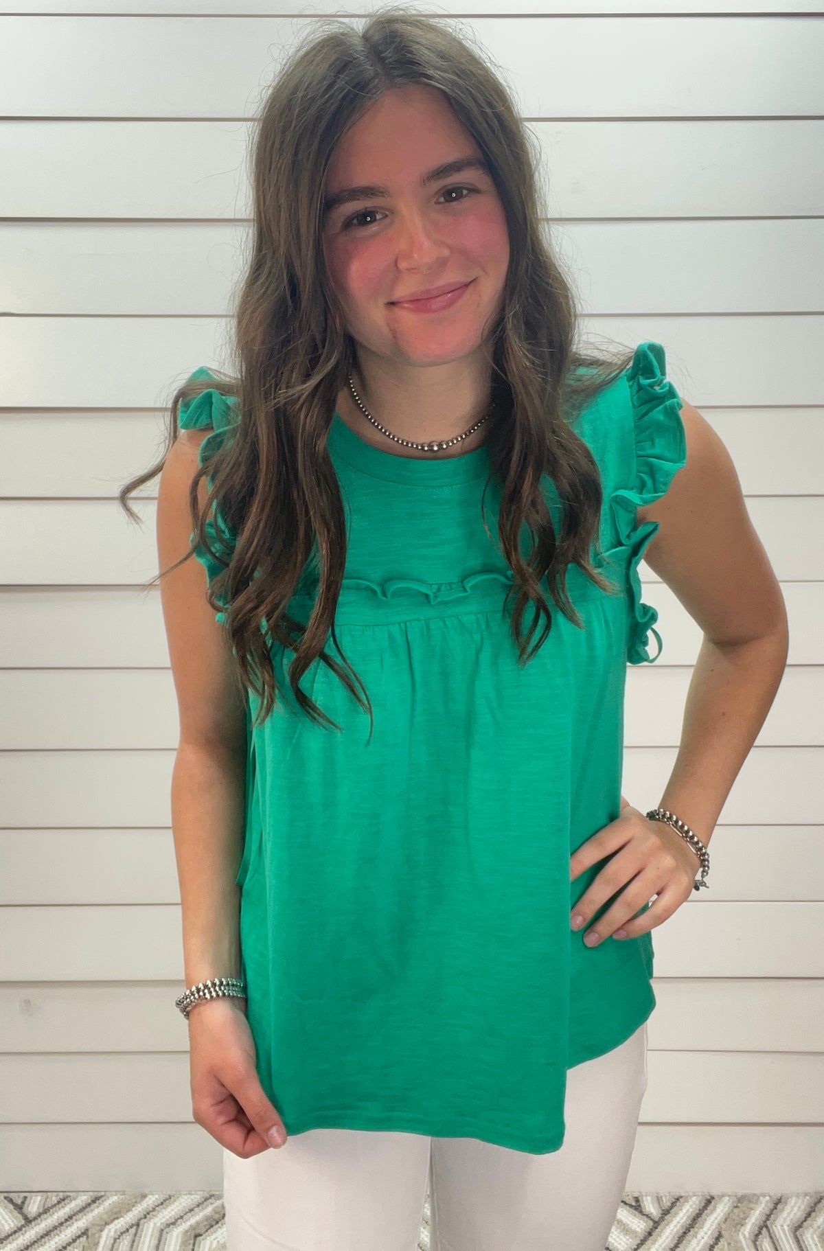 KELLY GREEN KNIT RUFFLE DETAIL SLEEVELESS TOP