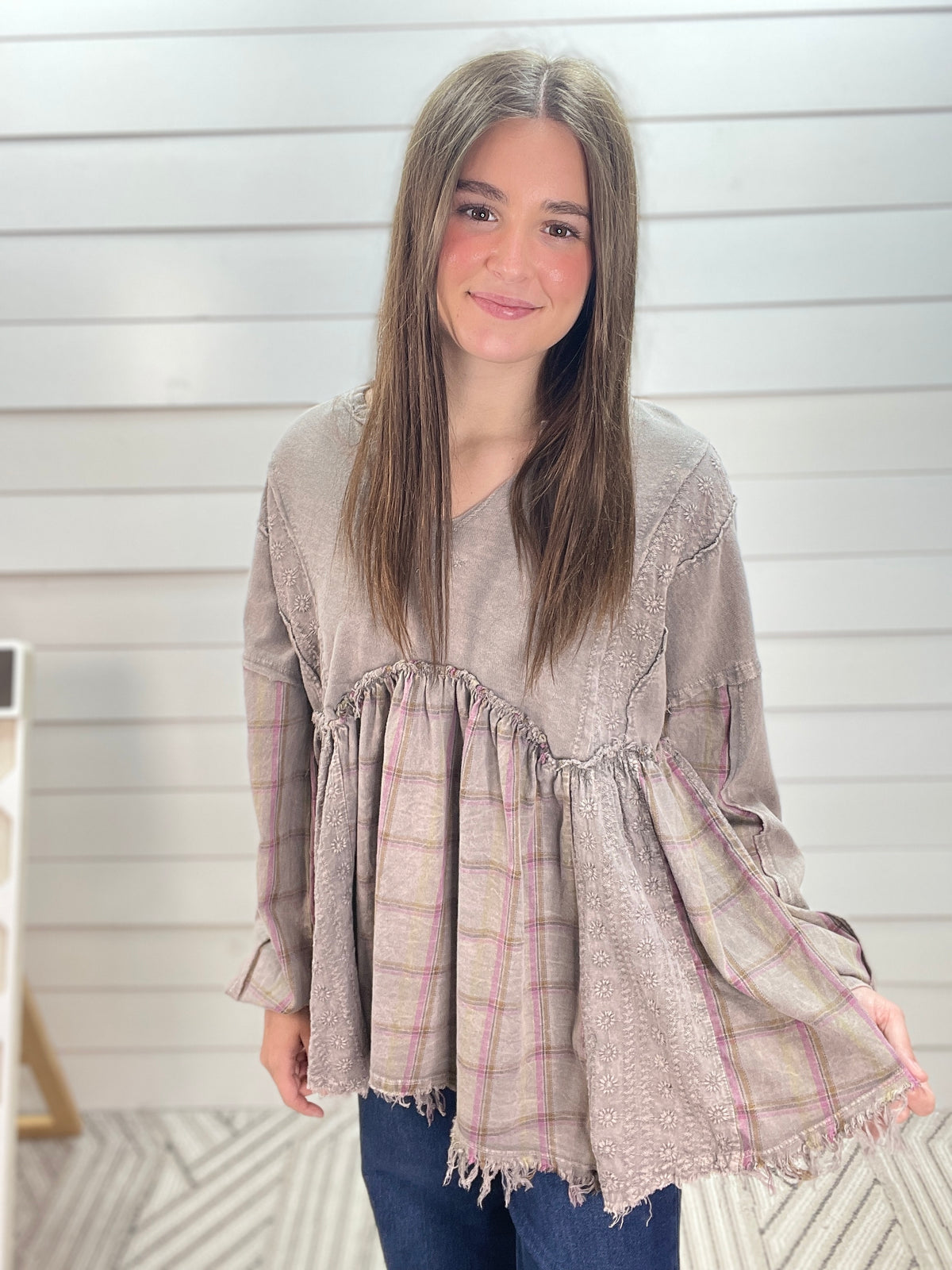 CHARCOAL Mineral Washed Flannel Eyelet Patch Babydoll Blouse