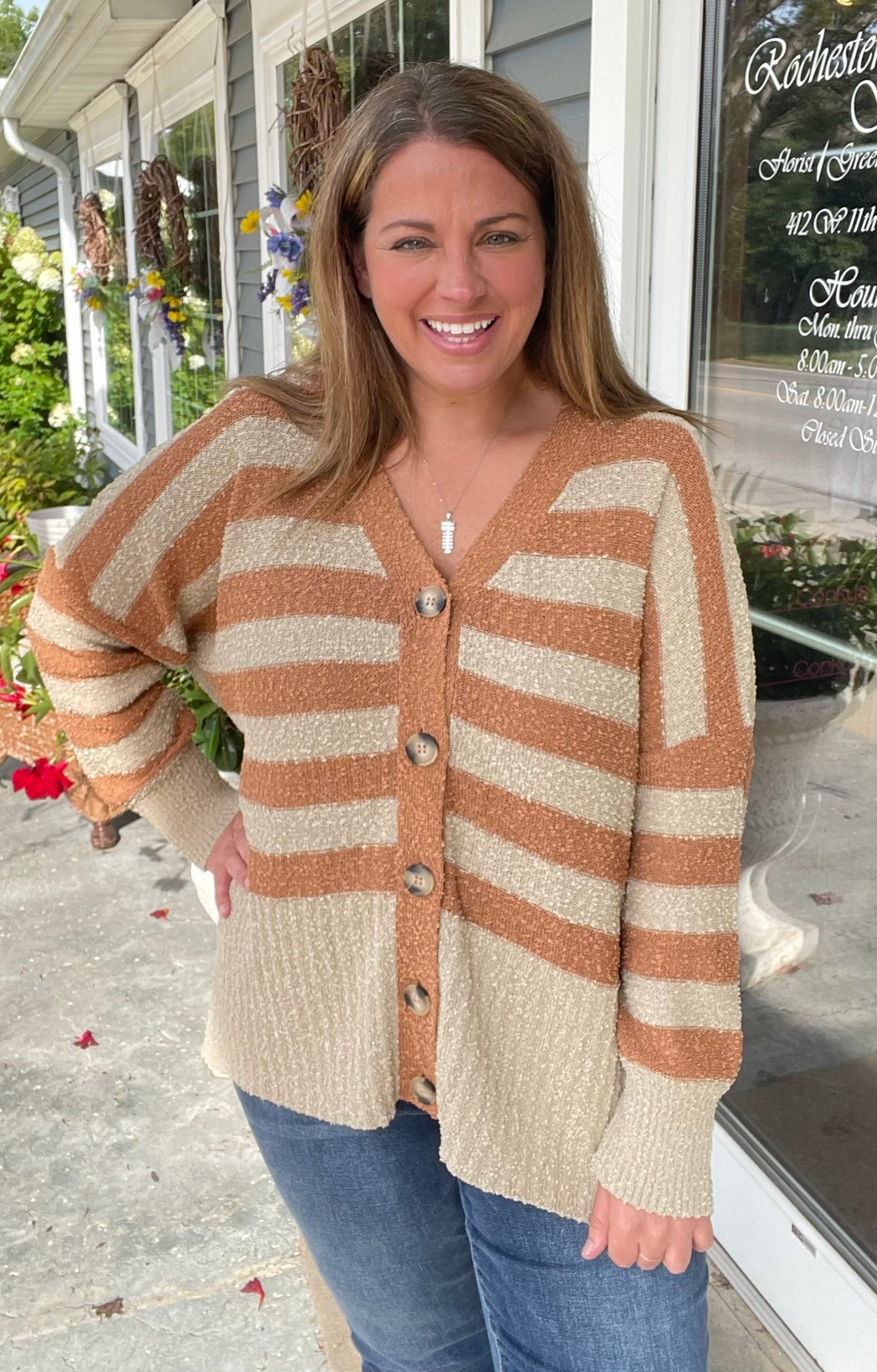 CARMEL/TAUPE STRIPED OVERSIZED BUTTON KNIT CARDIGAN SWEATER