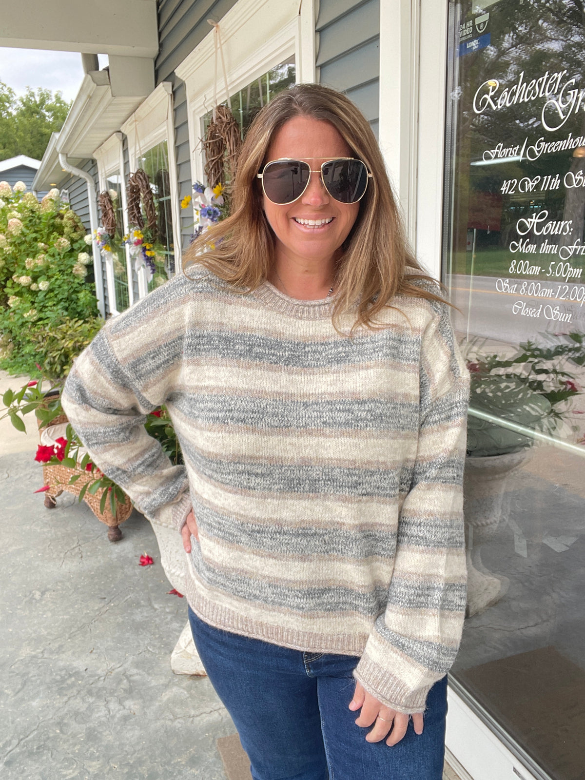 Light Mocha Heathered Multi-Stripe Raw Edge Knit Sweater
