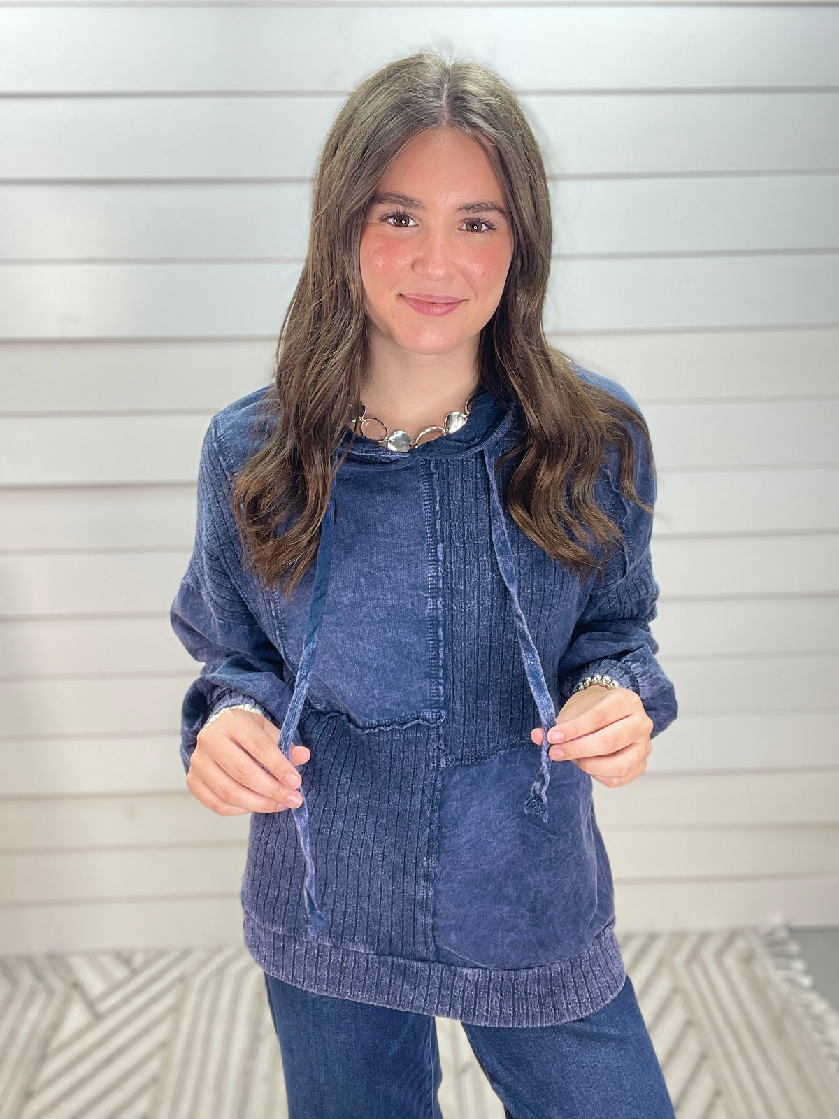 NAVY Mineral wash Sweater Block Stitched Hoodie Shirt