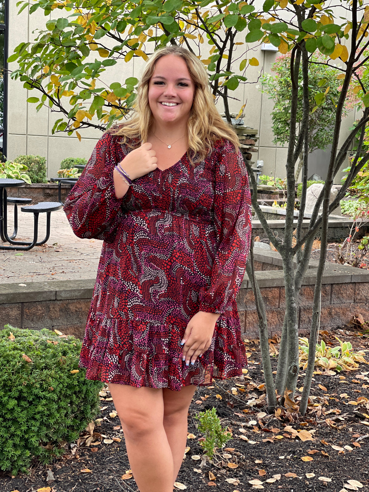 RED MIXED PRINTED SMOCKED TOP DRESS