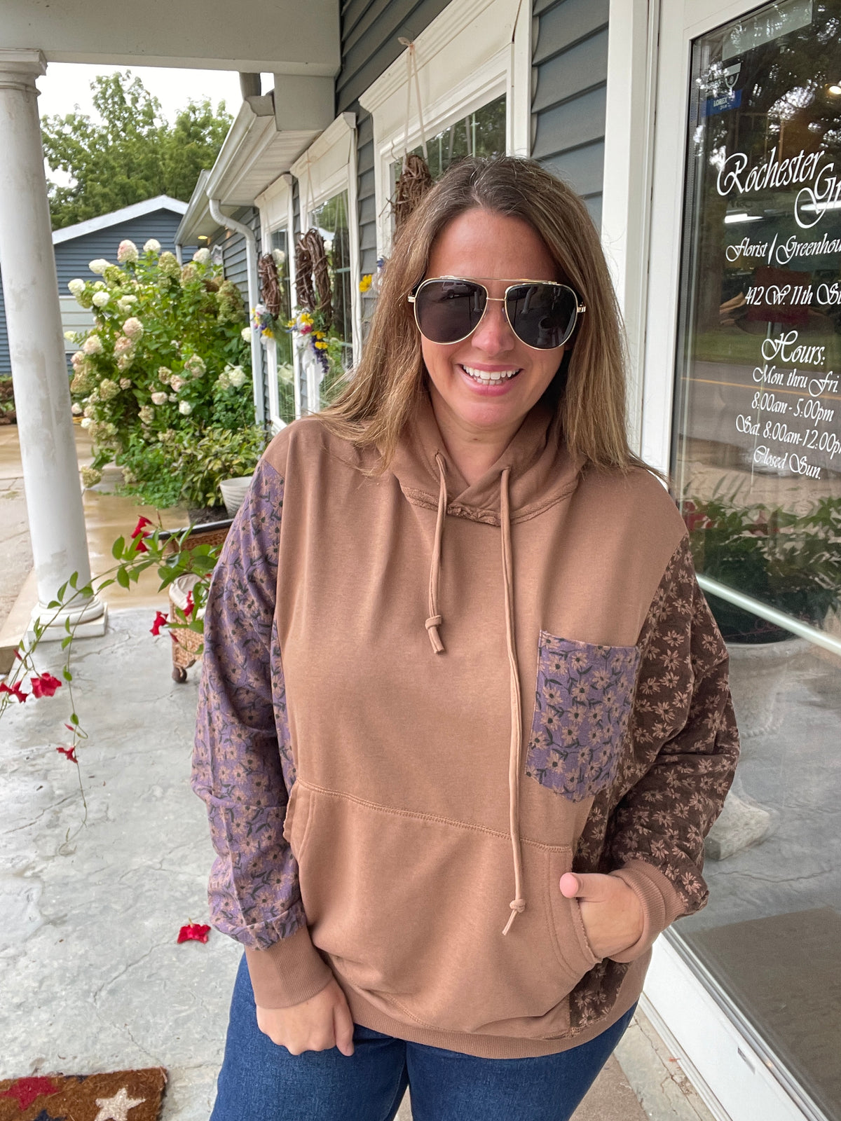 Mocha Floral Colorblock Oversized French Terry Hoodie