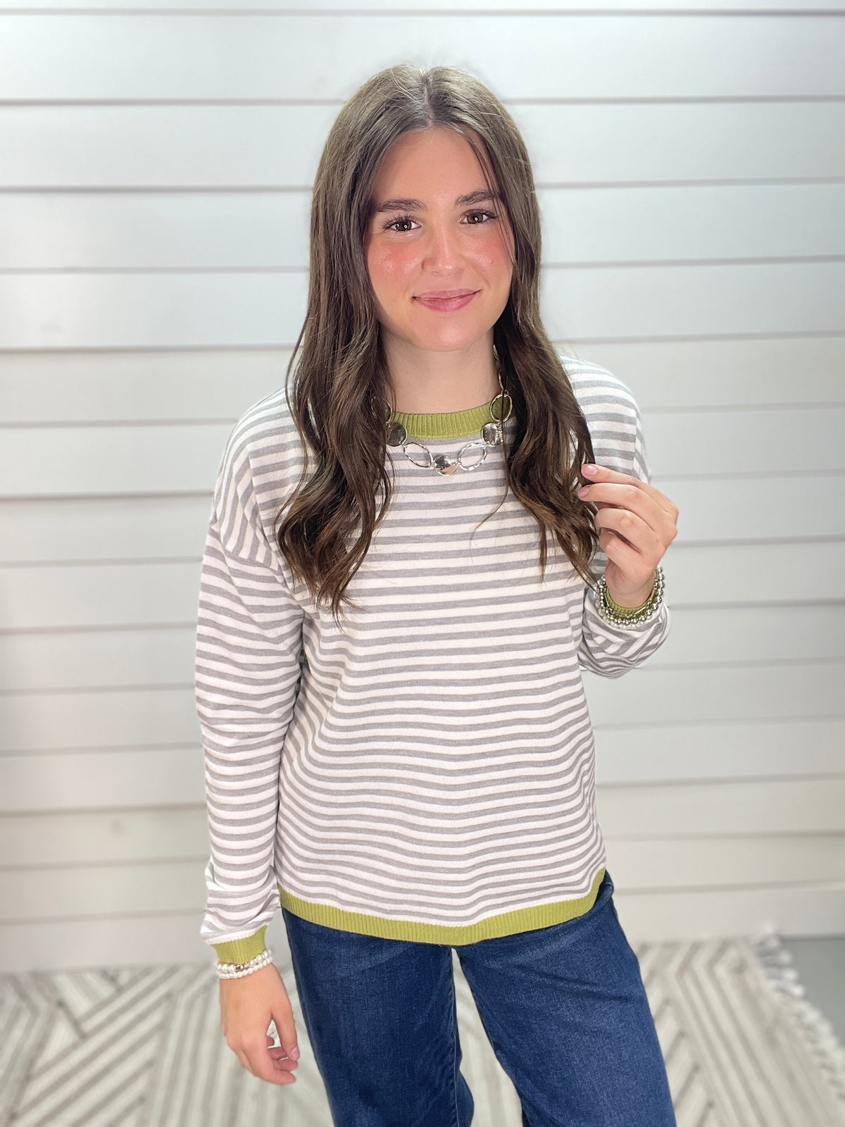 HEATHER GREY/ SAGE Contrast Color Rib Detail Long Sleeve Crew Neck Pullover Striped Sweater