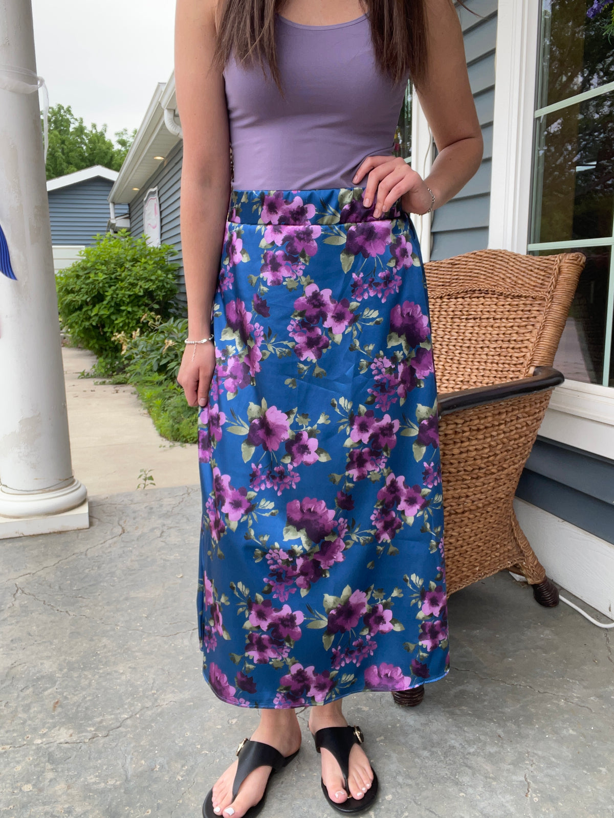 COLBALT/PURPLE FLORAL ELASTIC WAISTBAND SKIRT