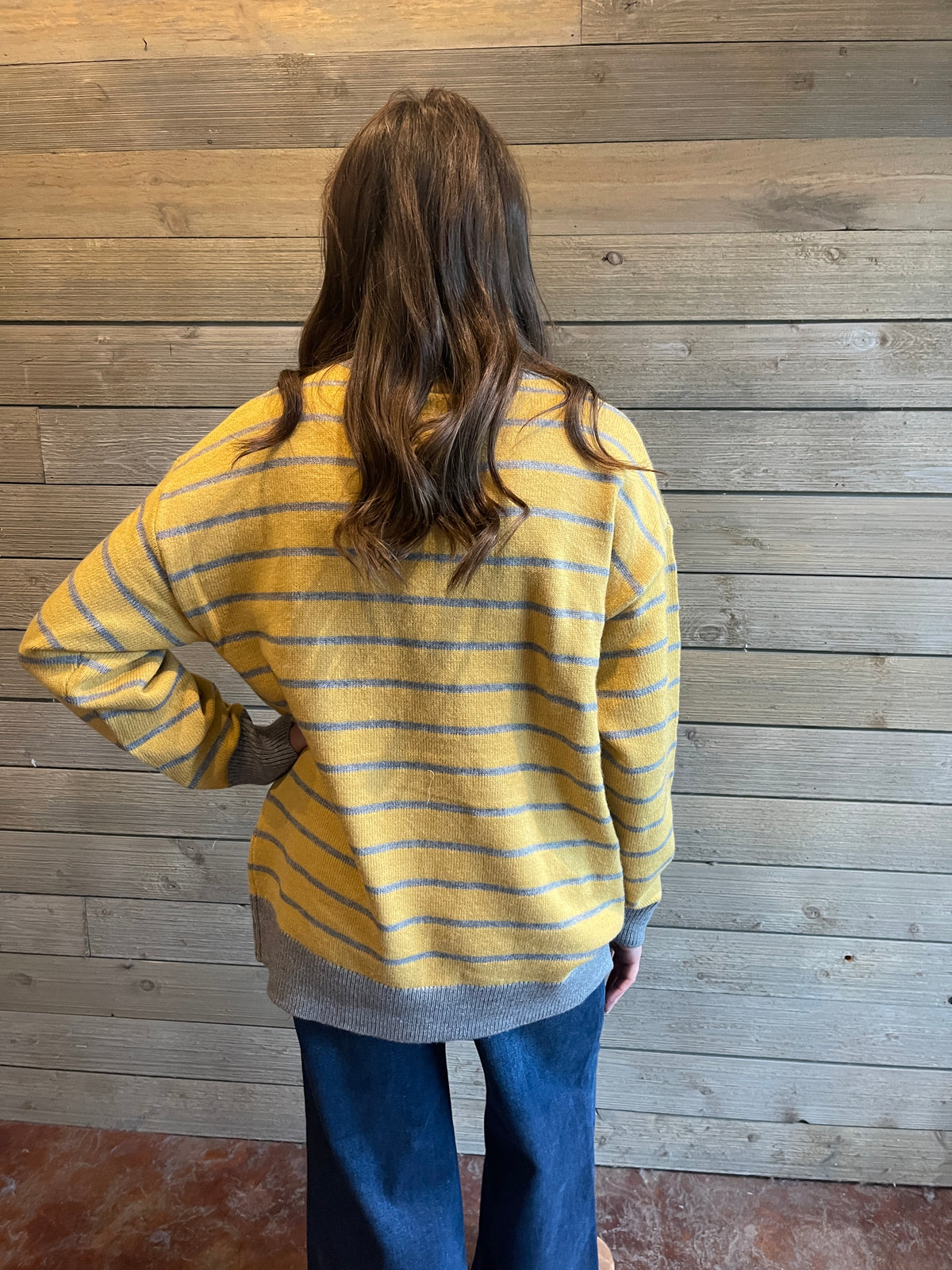 MUSTARD/GREY STRIPED FLORAL KNIT SWEATER