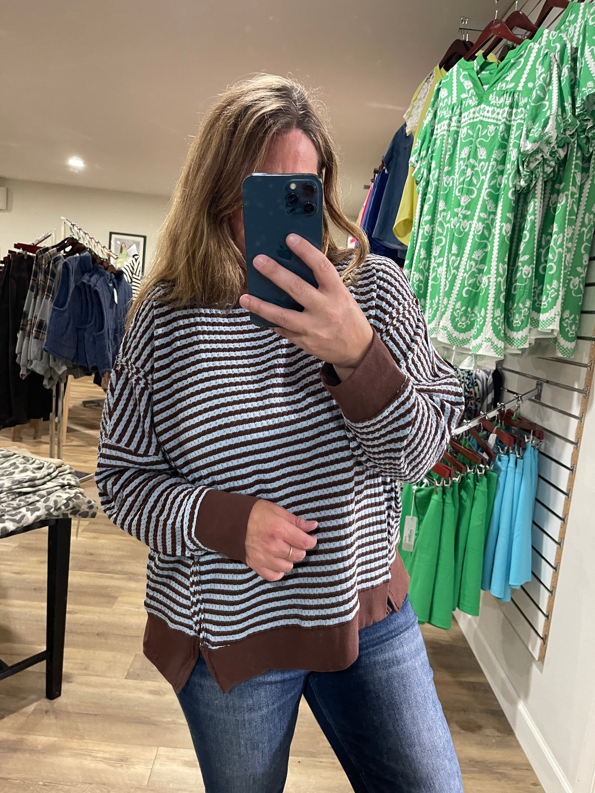 BLUE/BROWN STRIPED TEXTURED KNIT LOOSE FIT TOP