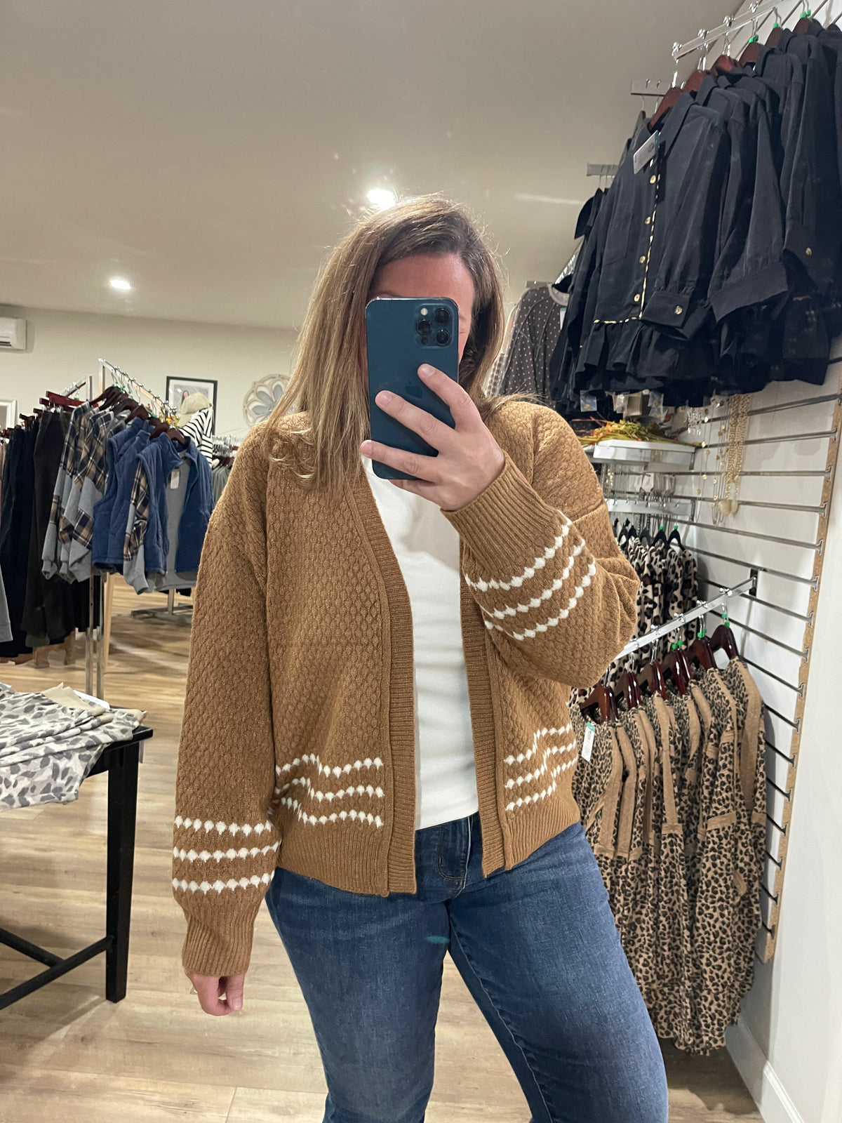 CAMEL Honeycomb Textured, Long Sleeve, Diamond Striped CARDIGAN