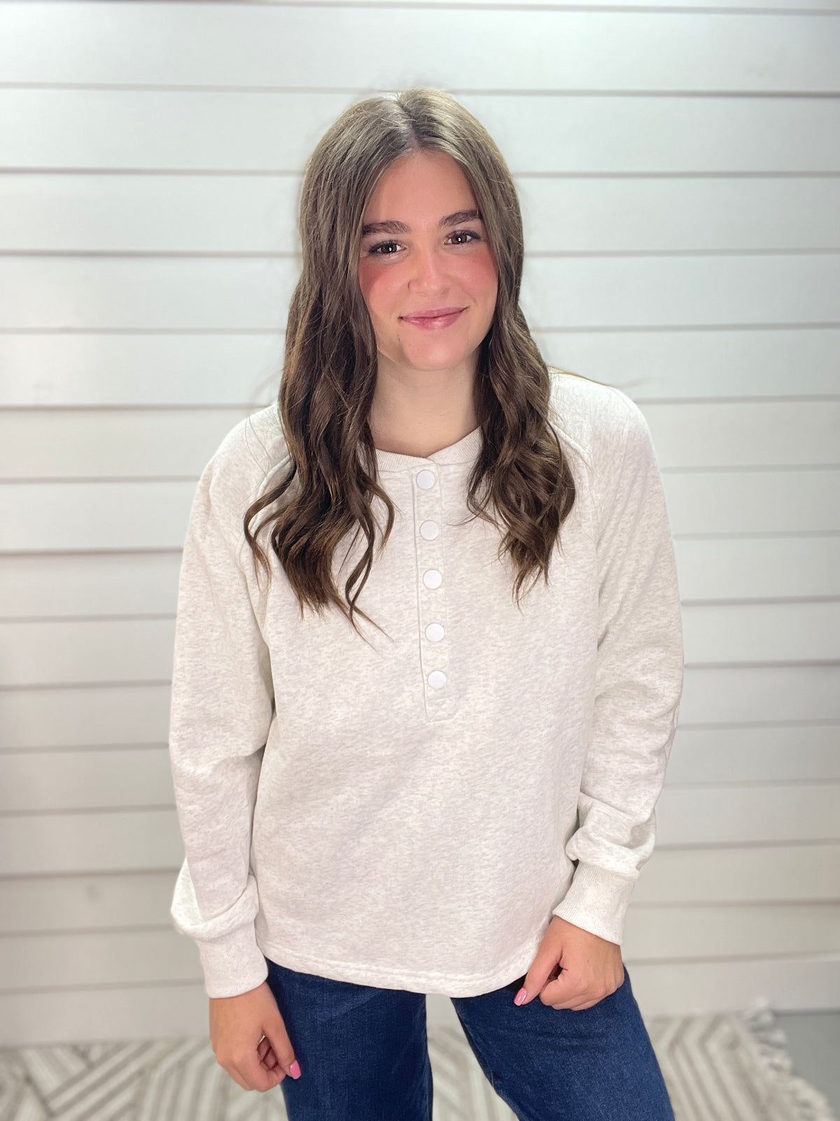 ASH GREY Half Snap Button Neck Long Sleeve Brushed French Terry Sweatshirt With Side Slits