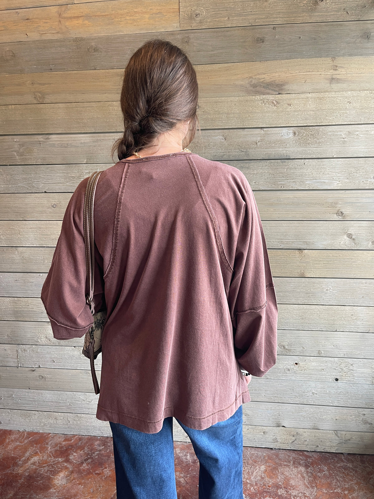 DARK BROWN MINEAL WASH LOOSE FIT LONG SLEEVE TOP