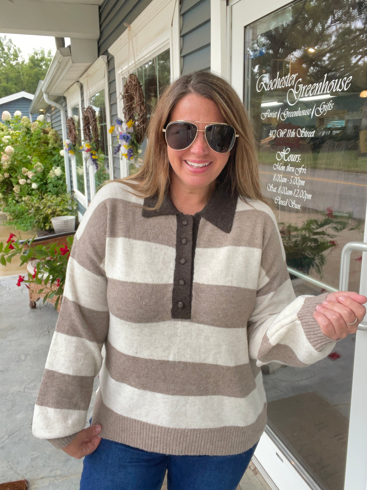 MOCHA/CREAM Heathered Stripe Polo Collar Long Sleeve Sweater