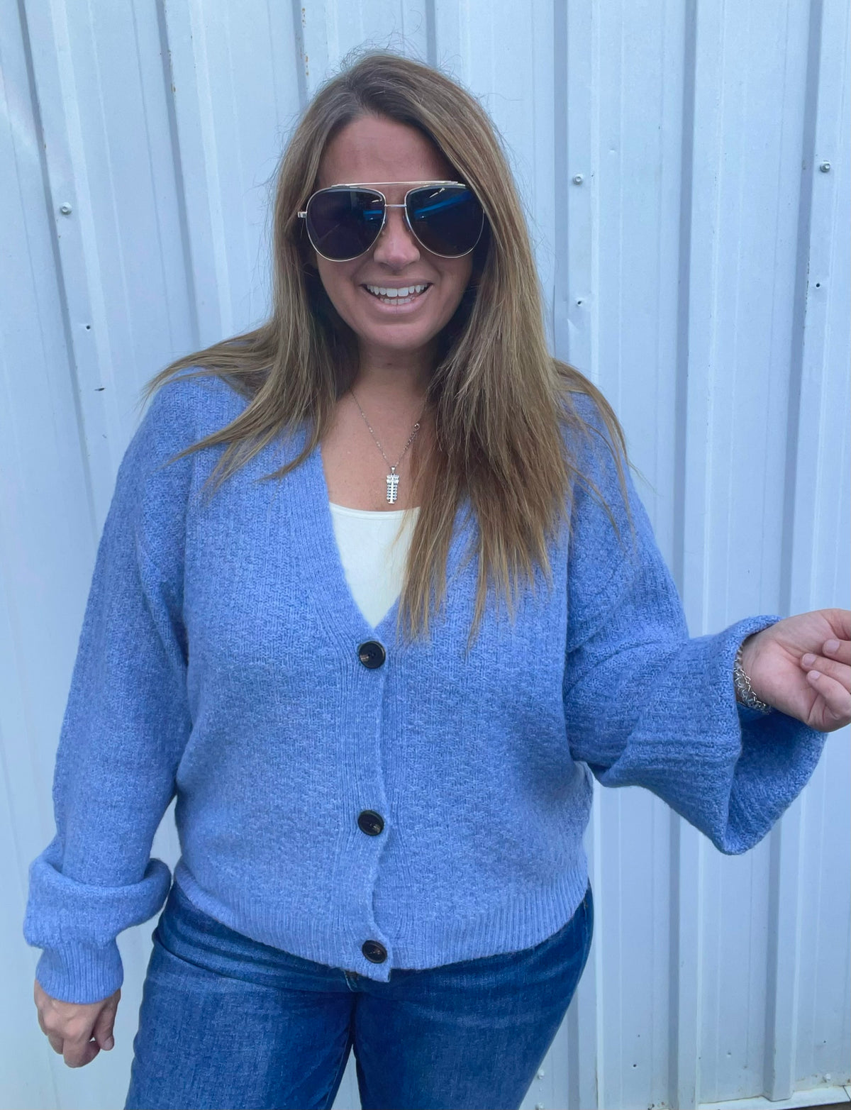 DUSTY BLUE V NECK BUTTON CARDIGAN/SWEATER