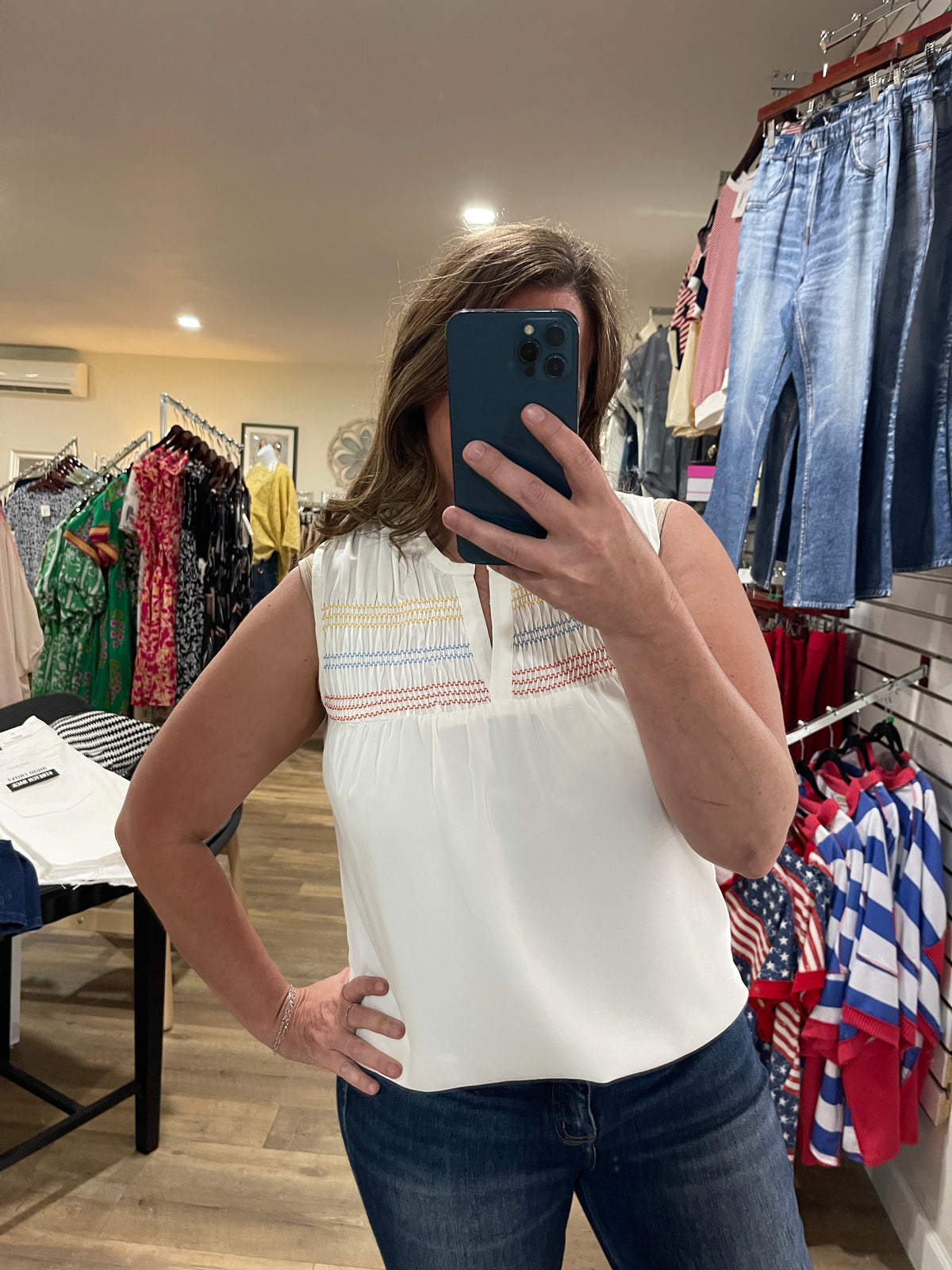 WHITE WOVEN TANK TOP W/ MULTI COLOR EMBROIDERY WITH SMOCKING DETAIL