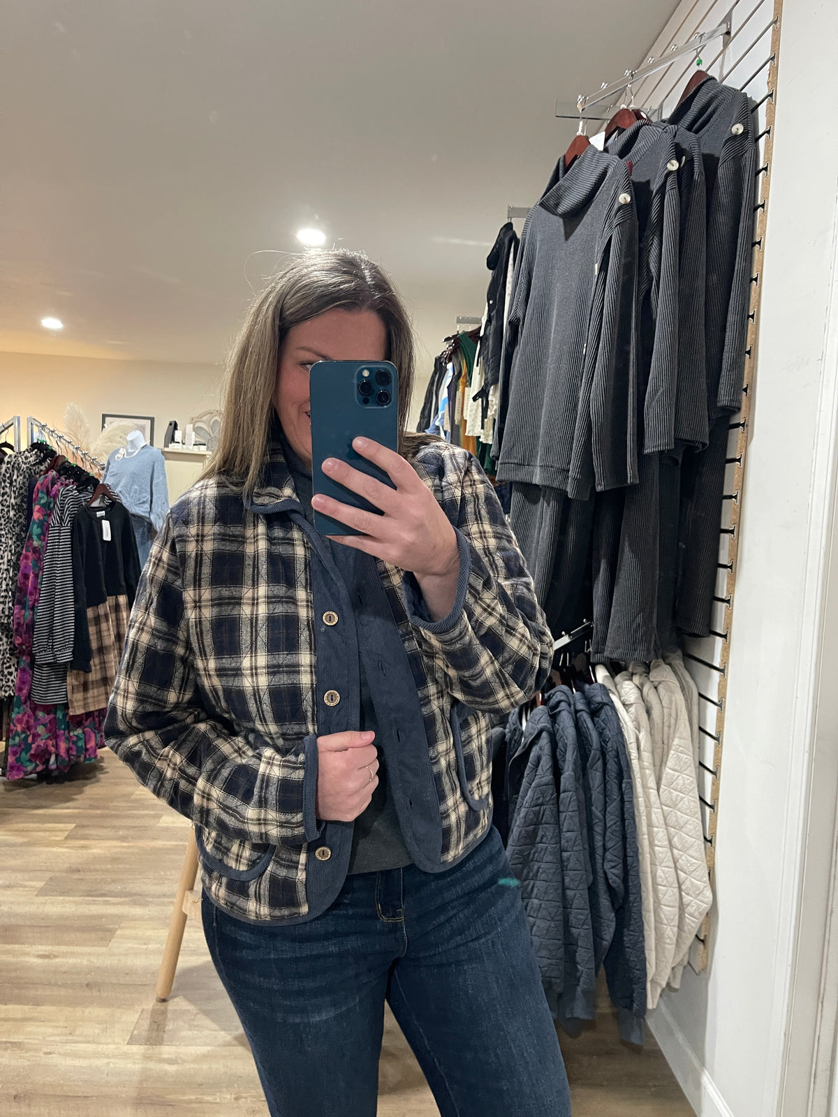 NAVY PLAID QUILTED/CORD ACCENT JACKET