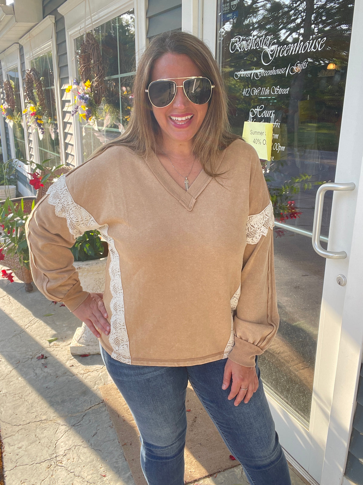 CAMEL FRENCH TERRY OVERSIZED V NECK LACE PULLOVER