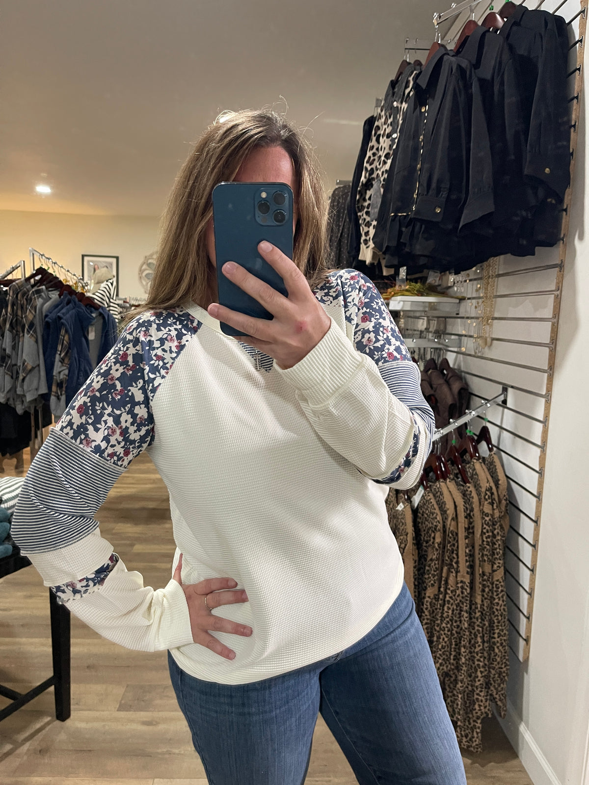 Ivory/Blue Floral Print And Stripe Blocked, Long Sleeve Waffle Top