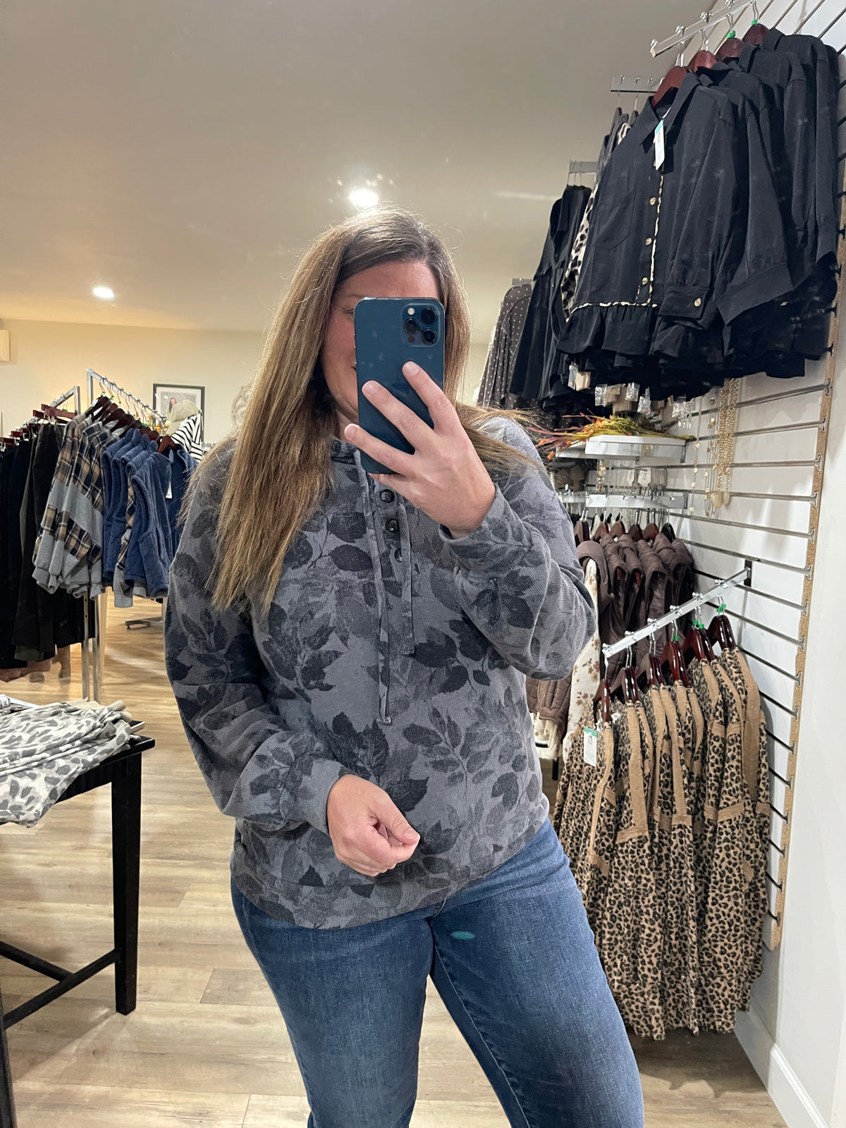 GREY Half Button, Long Sleeve, Floral Printed Drawstring Light Weight Hoodie
