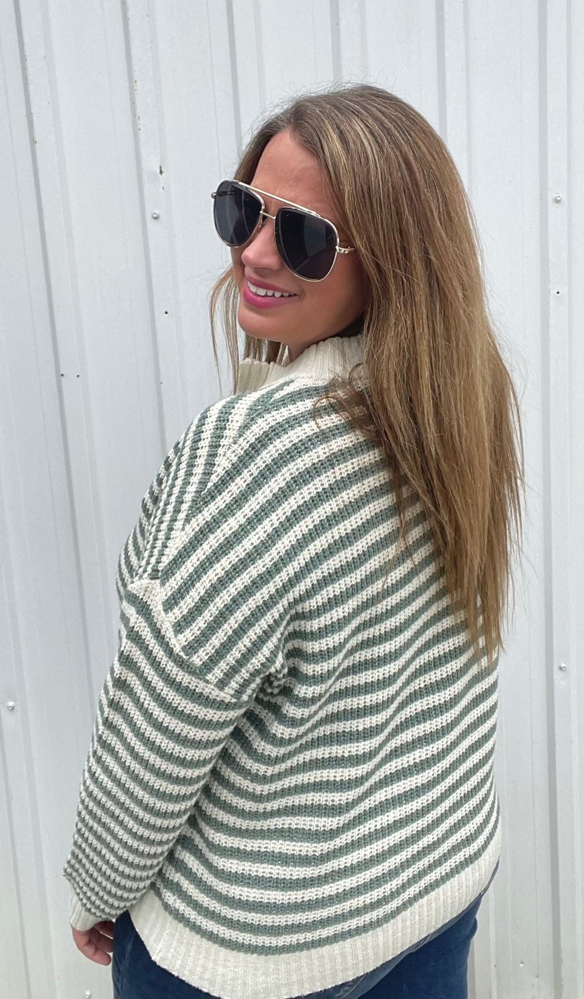 Dark Sage Half Zip Mock Neck Striped Pullover Sweater
