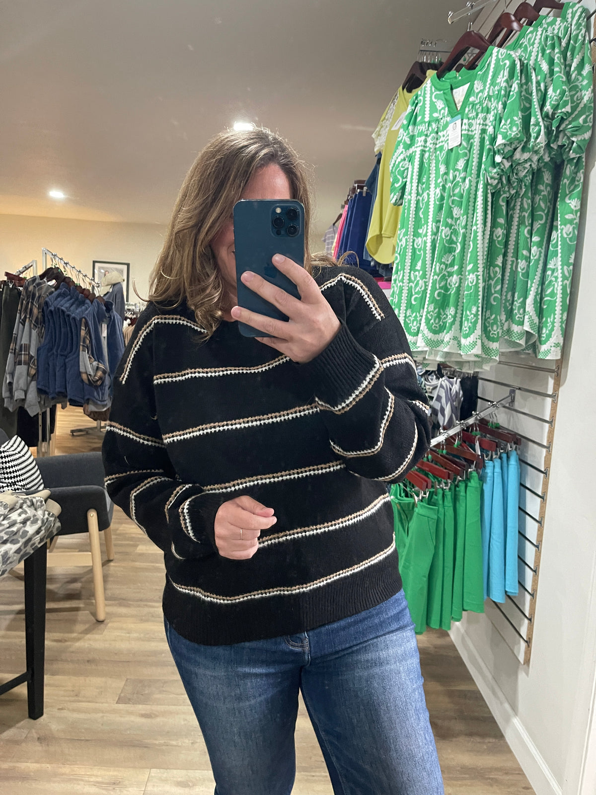 BLACK/TAUPE/WHITE STRIPED KNIT SWEATER