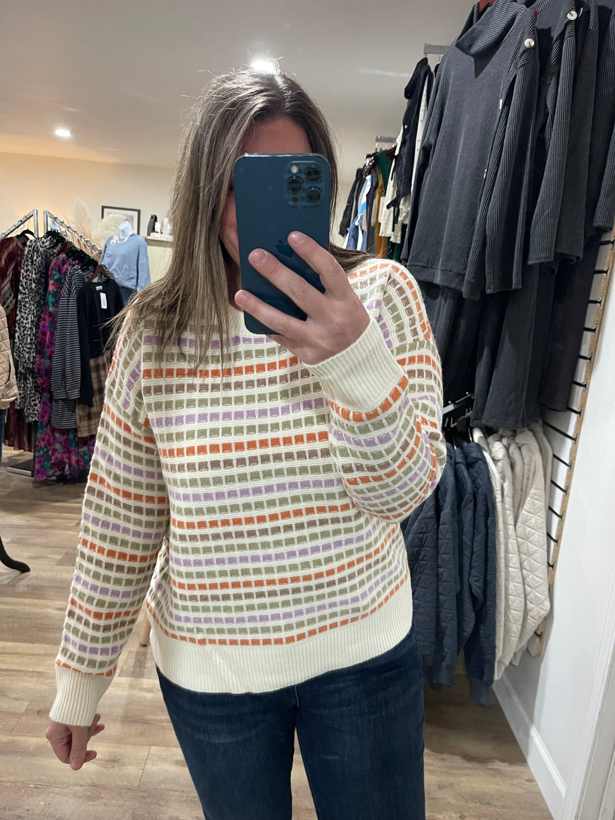 CREAM/LAV/SAGE/RUST MULTI COLOR BLOCK KNIT SWEATER