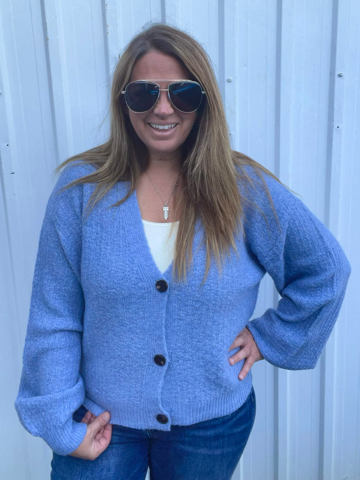 DUSTY BLUE V NECK BUTTON CARDIGAN/SWEATER
