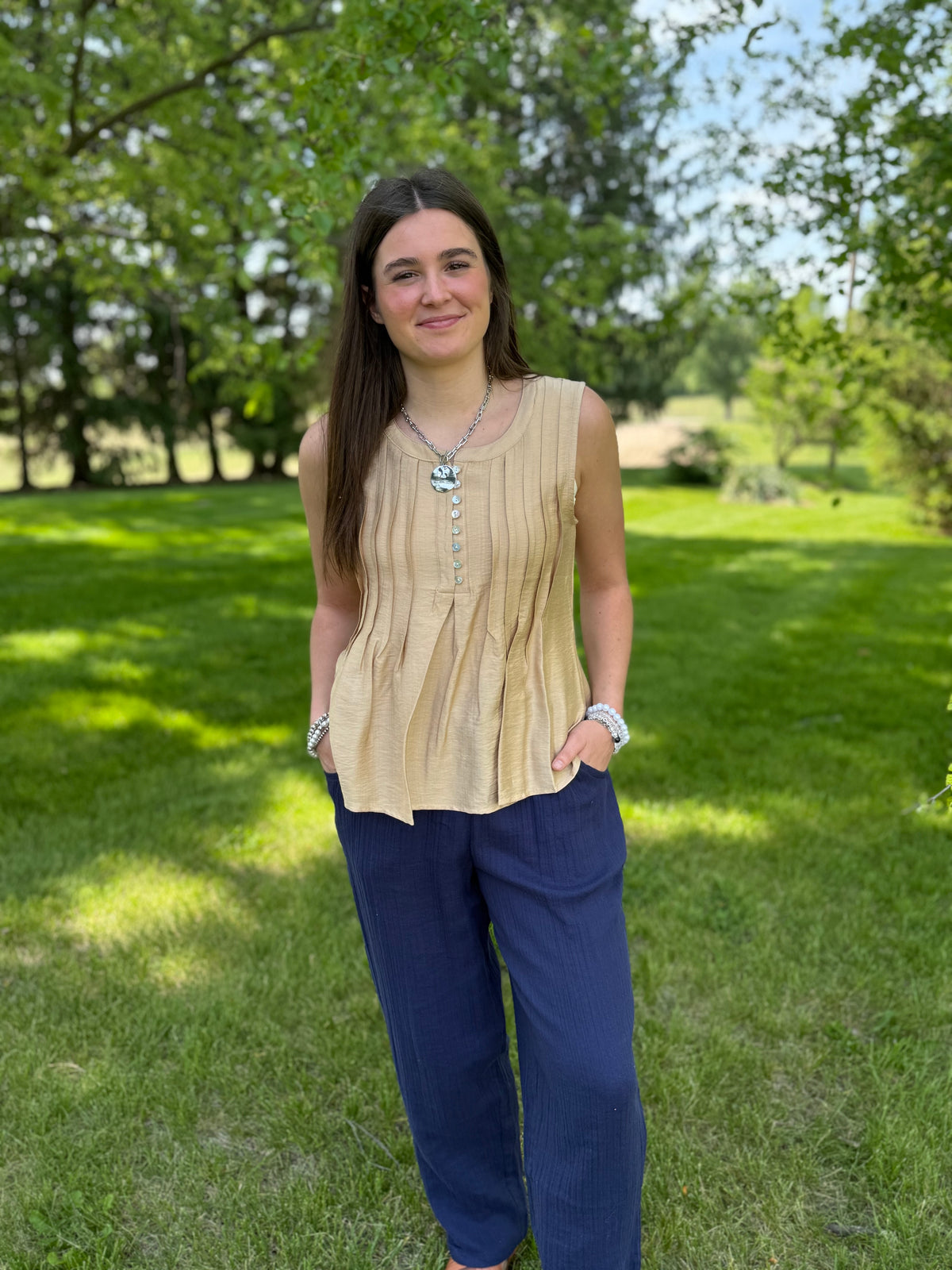 TAN PINTUCK HALF BUTTON SLEEVELESS TOP