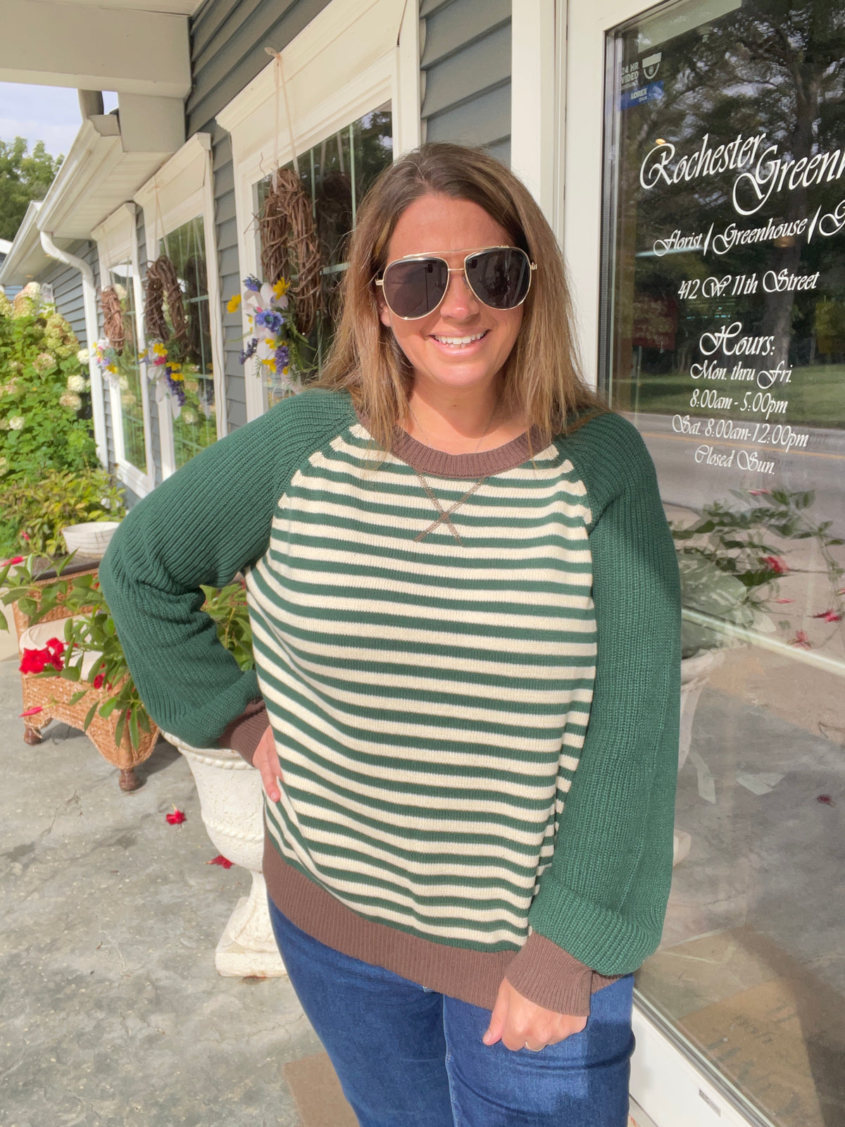 HUNTER GREEN Striped Colorblock Raglan Long Sleeve Crew Sweater