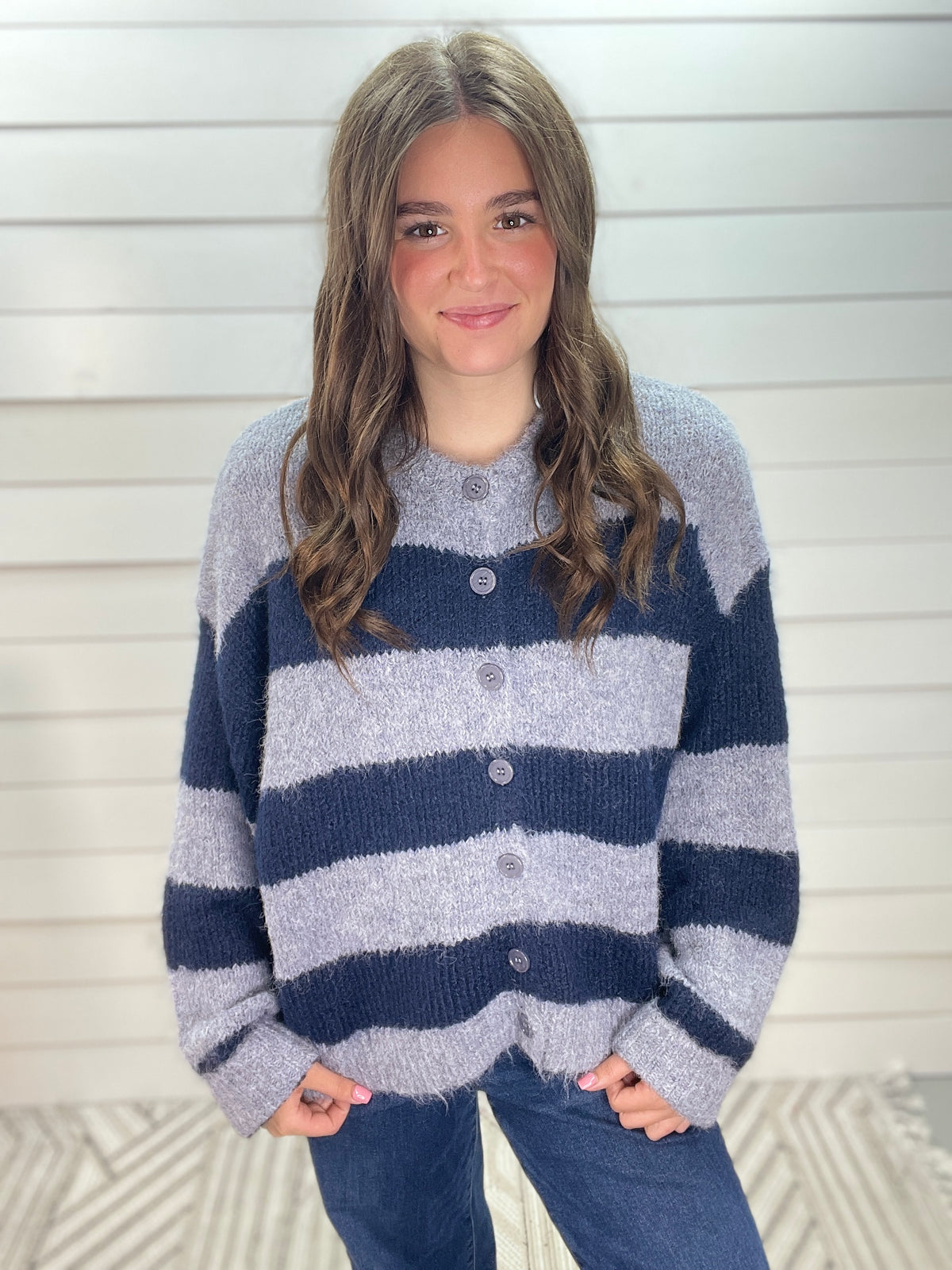 GLACIER/NAVY STRIPED SOFT BUTTON SWEATER