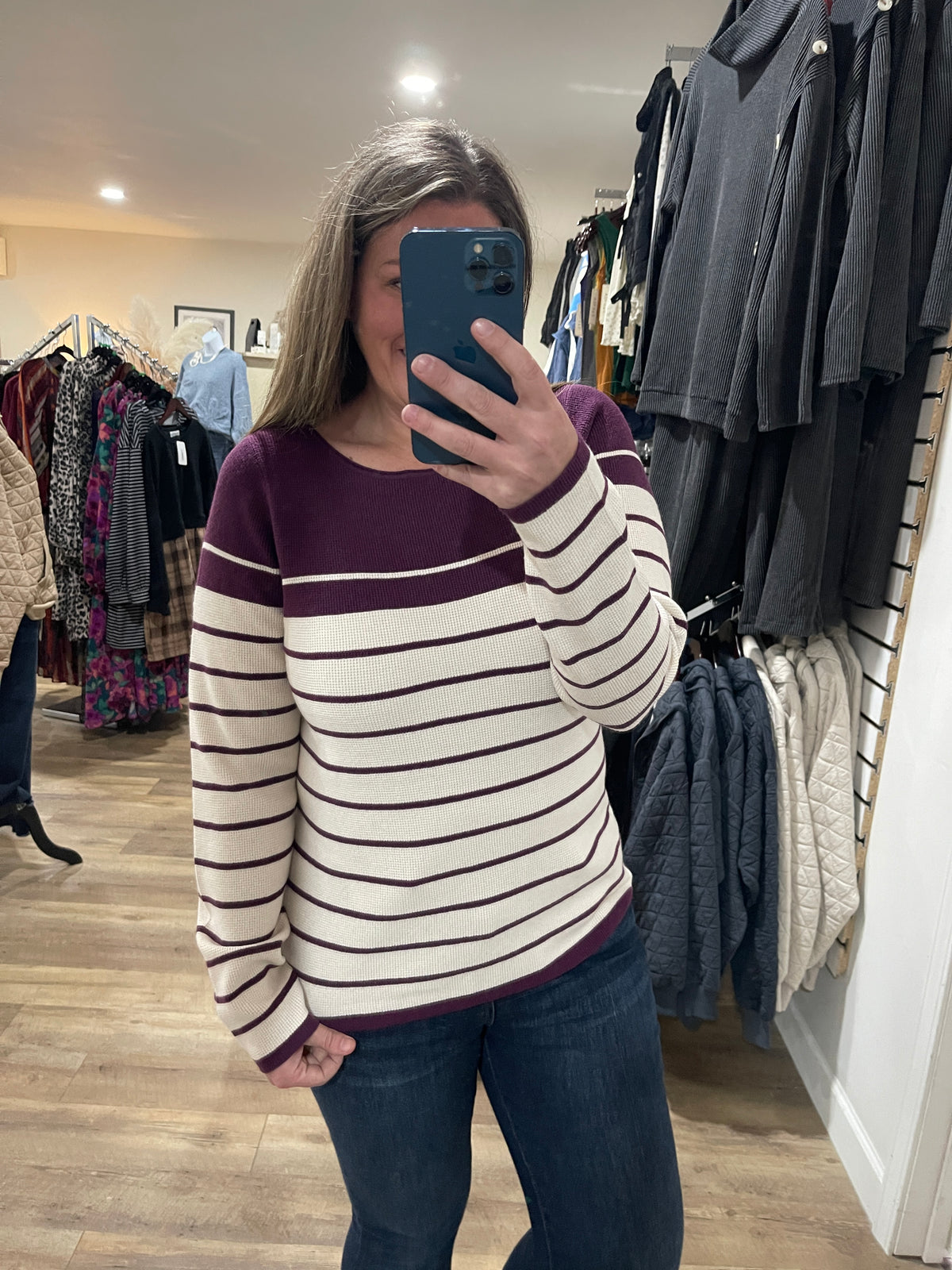 PLUM STRIPED WAFFLE TEXTURED KNIT TOP