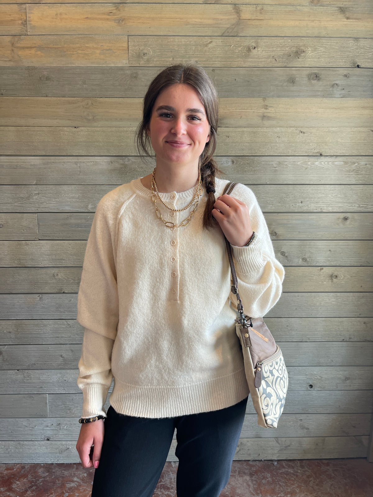Vanilla Cream Knit Henley Sweater with Seams