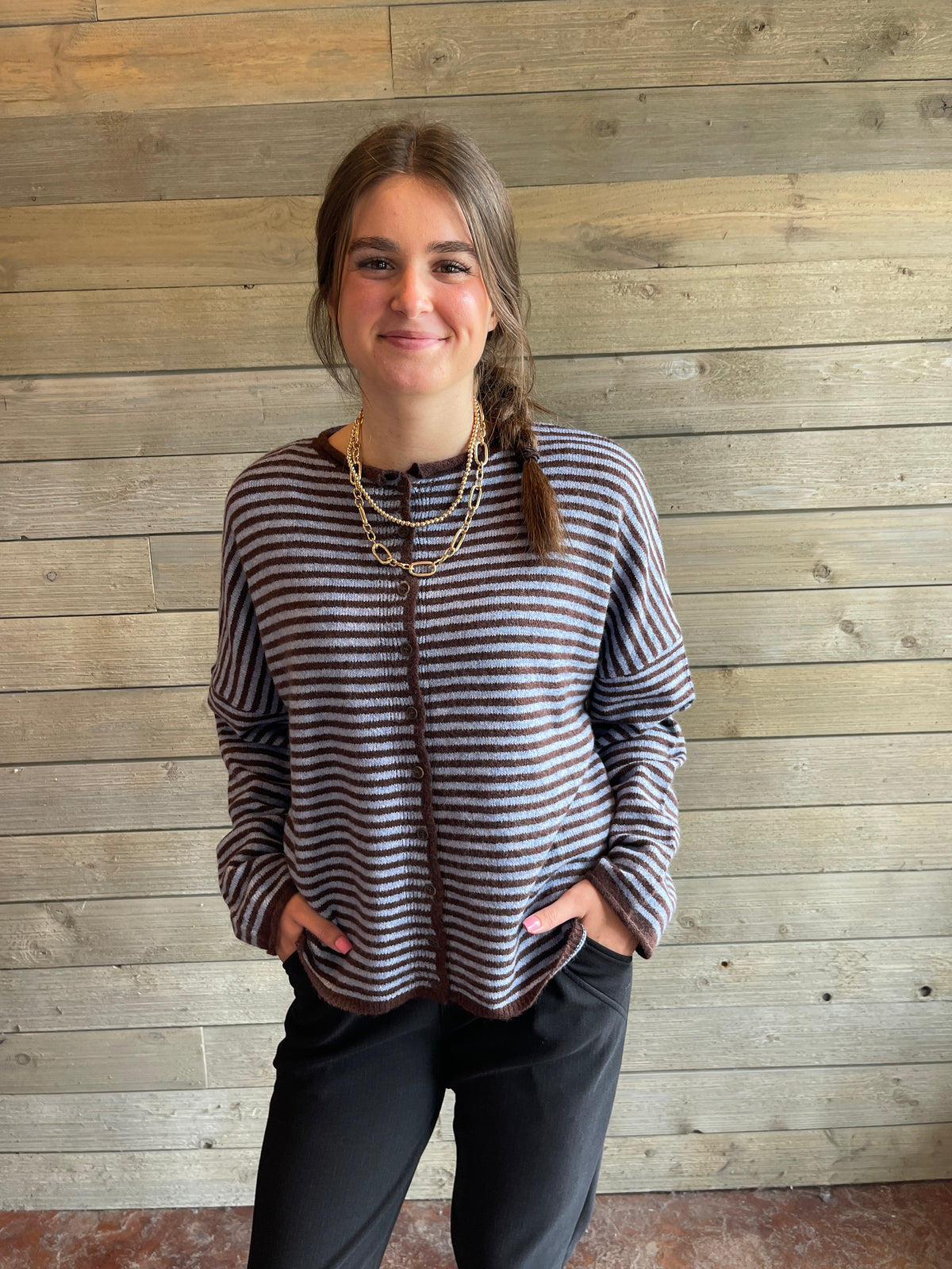 BLUE/BROWN STRIPED FULL BUTTON CARDIGAN/SWEATER