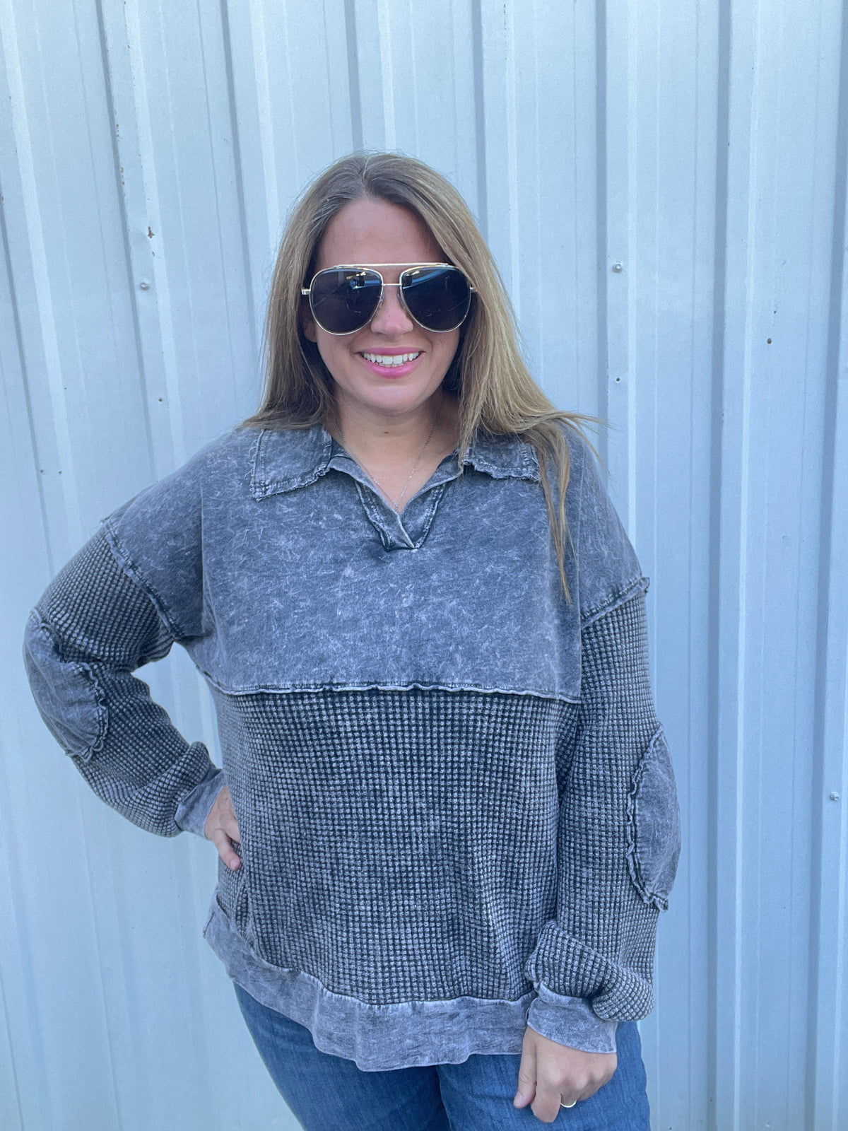 ASHED BLACK MINERAL WASH CONTRAST KNIT TOP