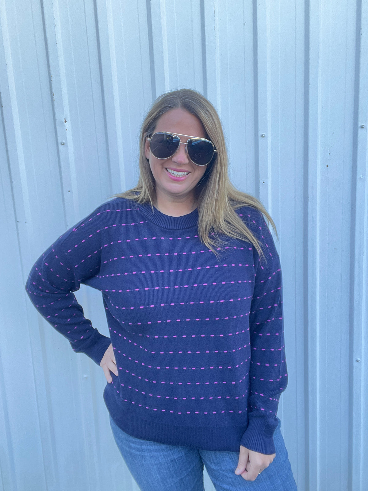 NAVY/FUSCHIA Texture Striped Crew Neck Long Sleeve Pullover Sweater