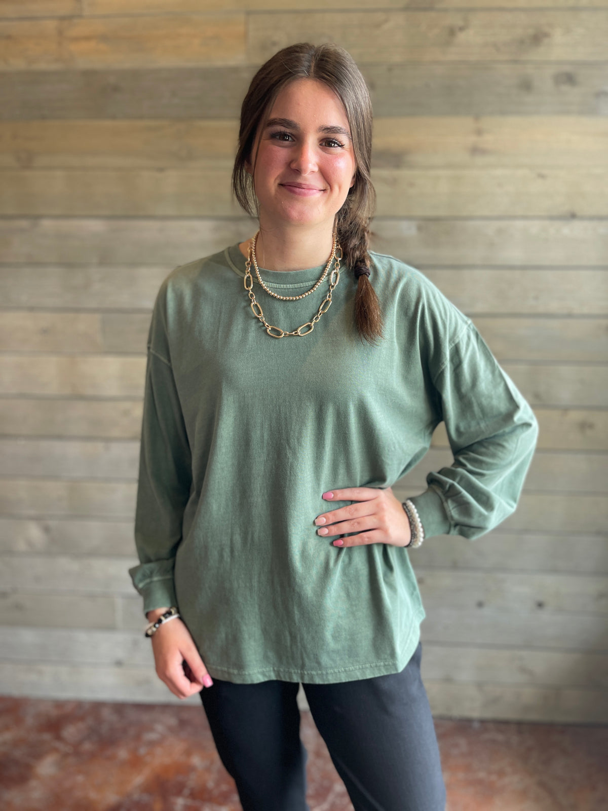 DUSTY GREEN MINERAL WASH LONG SLEEVE TOP