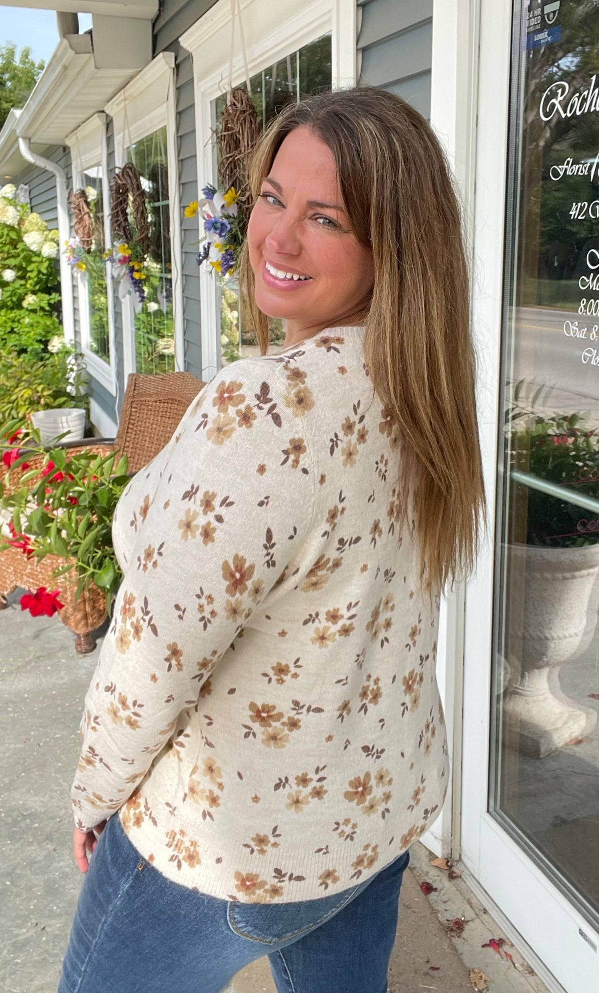 TAUPE Flower Printed, Long Sleeve, Super Soft, Crew Neck Sweater