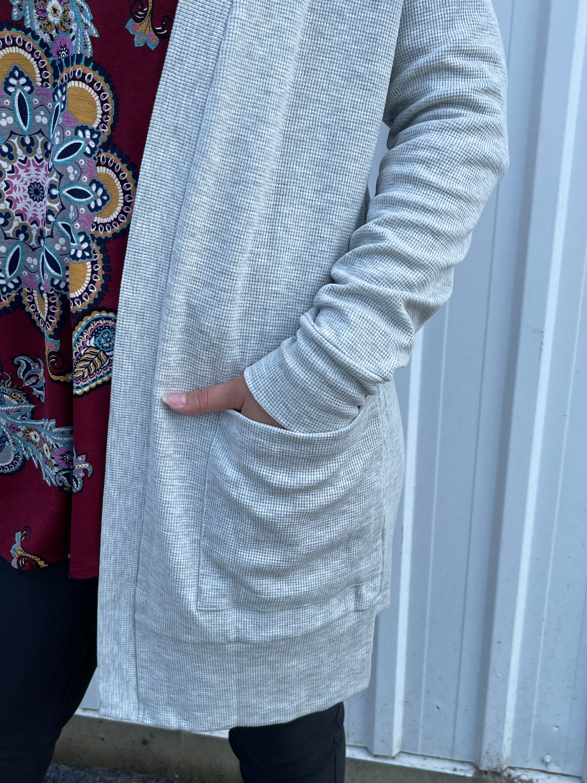 BEIGE/GREY THERMAL KNIT OPEN FRONT CARDIAN