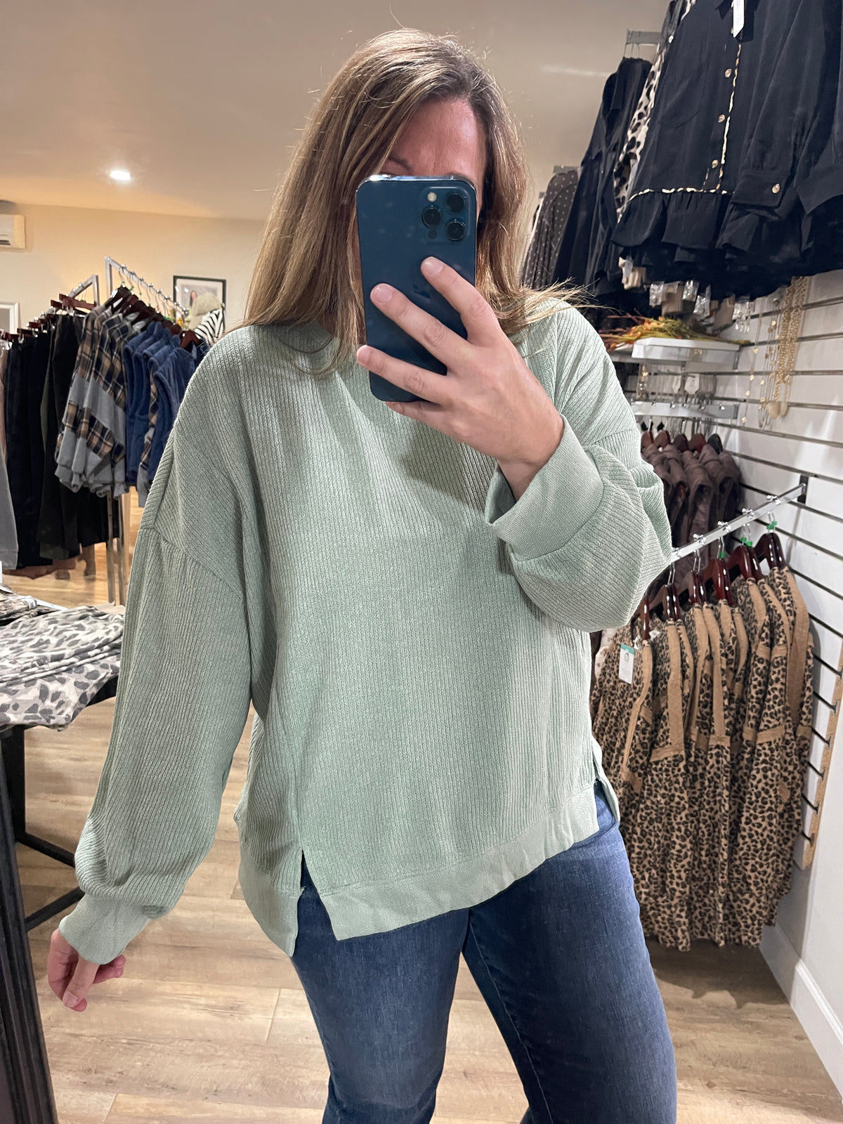 SAGE KNIT LONG SLEEVE TOP W/ FRONT SLIT
