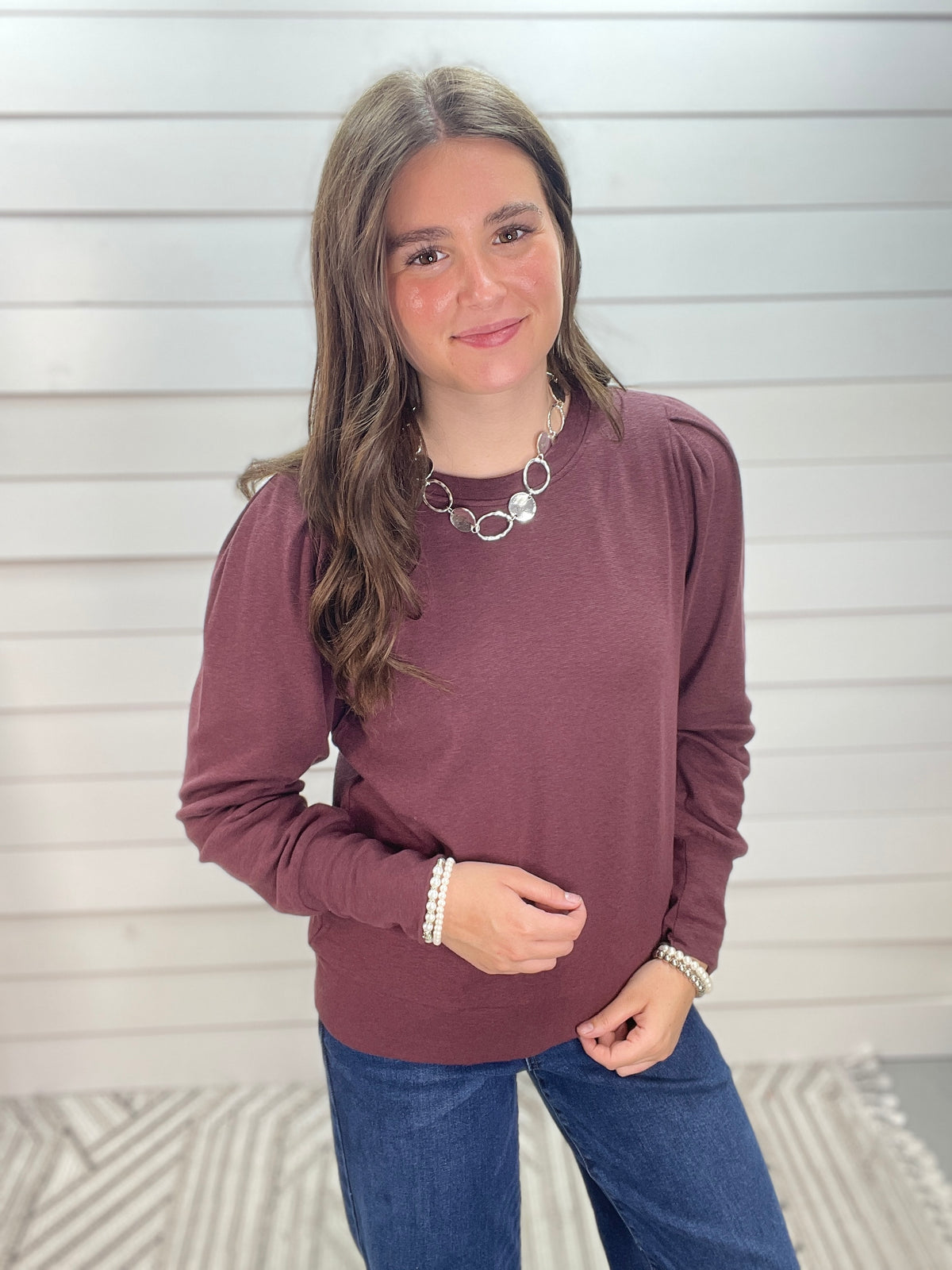 EGGPLANT Crew Neck Pleated Long Balloon Sleeve Solid Inner Brushed KnitTop