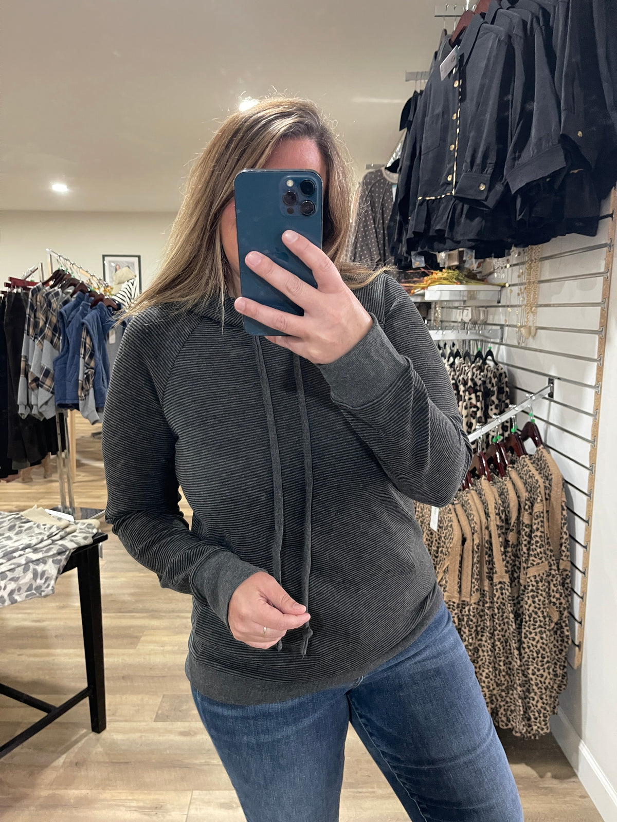 BLACK Long Sleeve Drawstring Pinstriped Hoodie Top