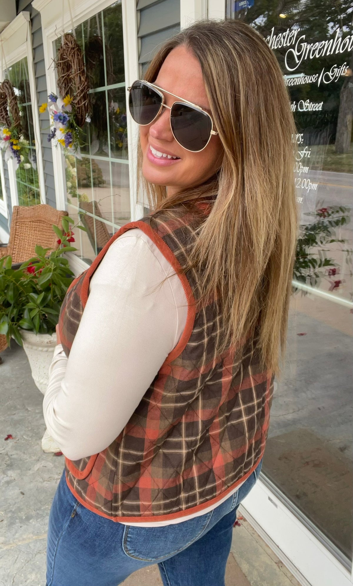 RUST/BROWN Crew Neck, Button Down, Patch Pockets, Corduroy/Plaid Vest