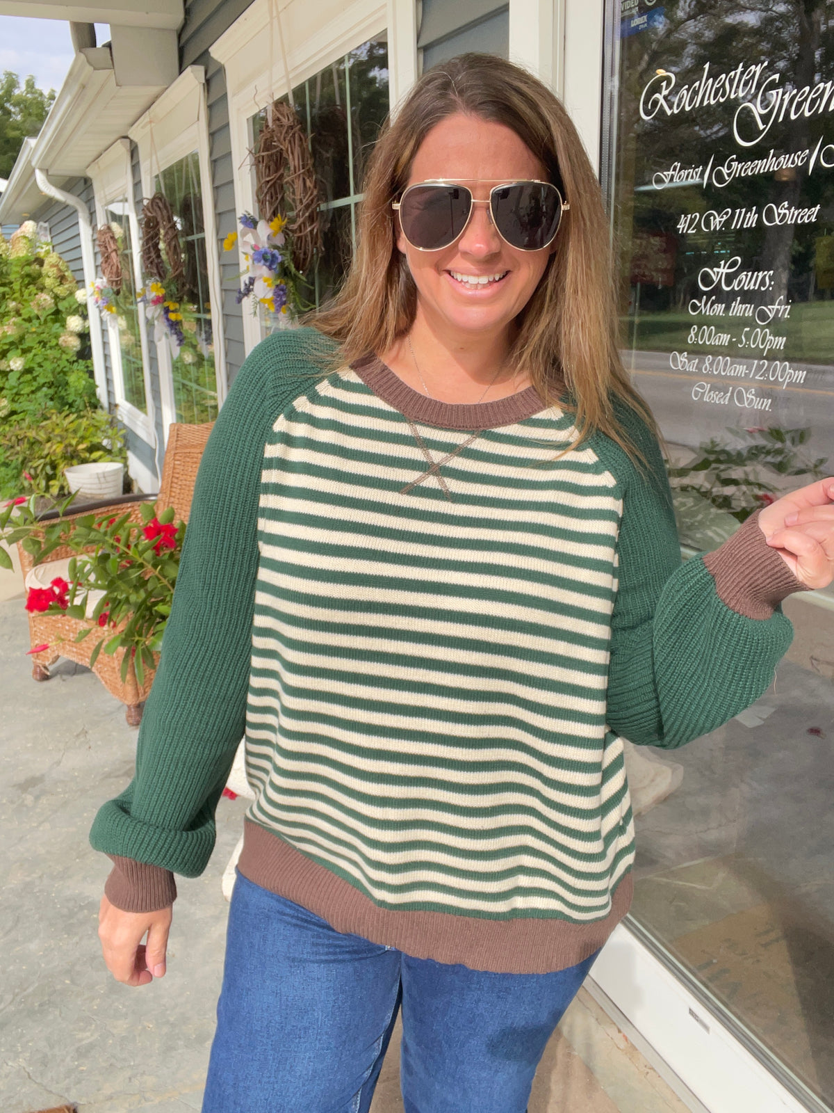 HUNTER GREEN Striped Colorblock Raglan Long Sleeve Crew Sweater