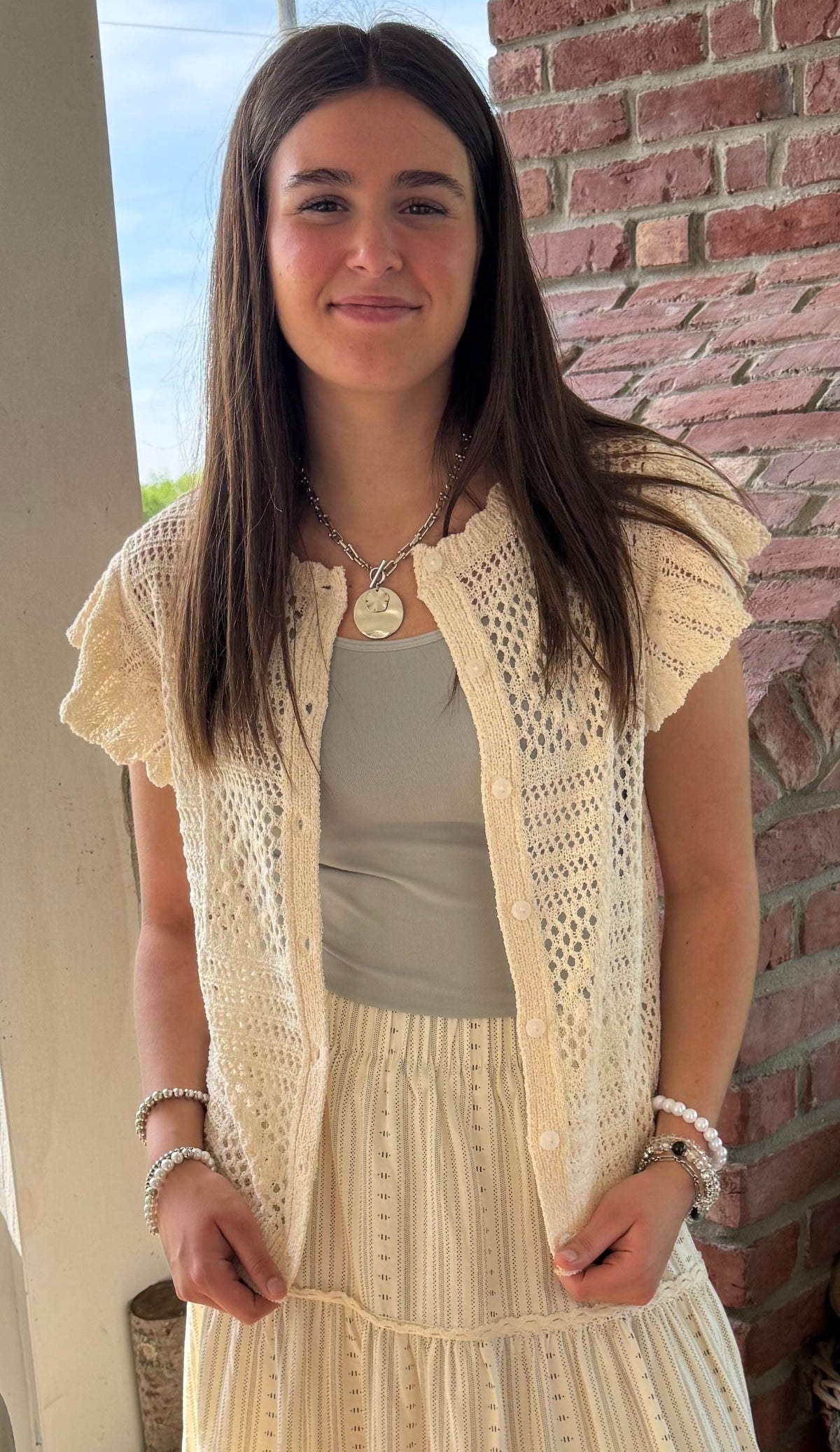NATURAL CROCHET OPEN KNIT BUTTON DOWN SWEATER TOP