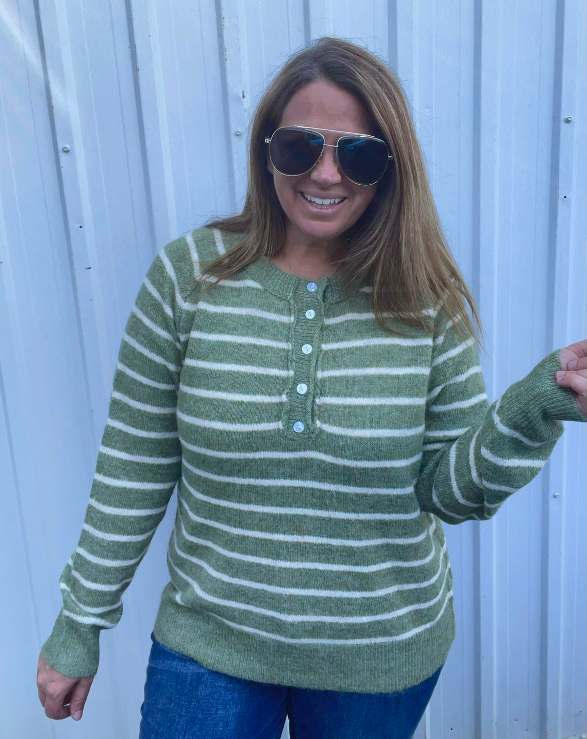 DARK SAGE Striped, Half Buttons, Raglan Sleeve, Pullover SWEATERS