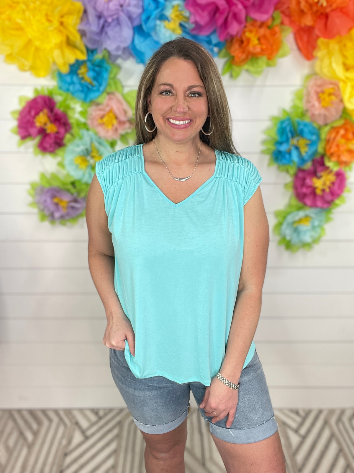 NEON MINT WRINKLE FREE TOP W/ SMOCKED SHOULDER AND TIE BACK